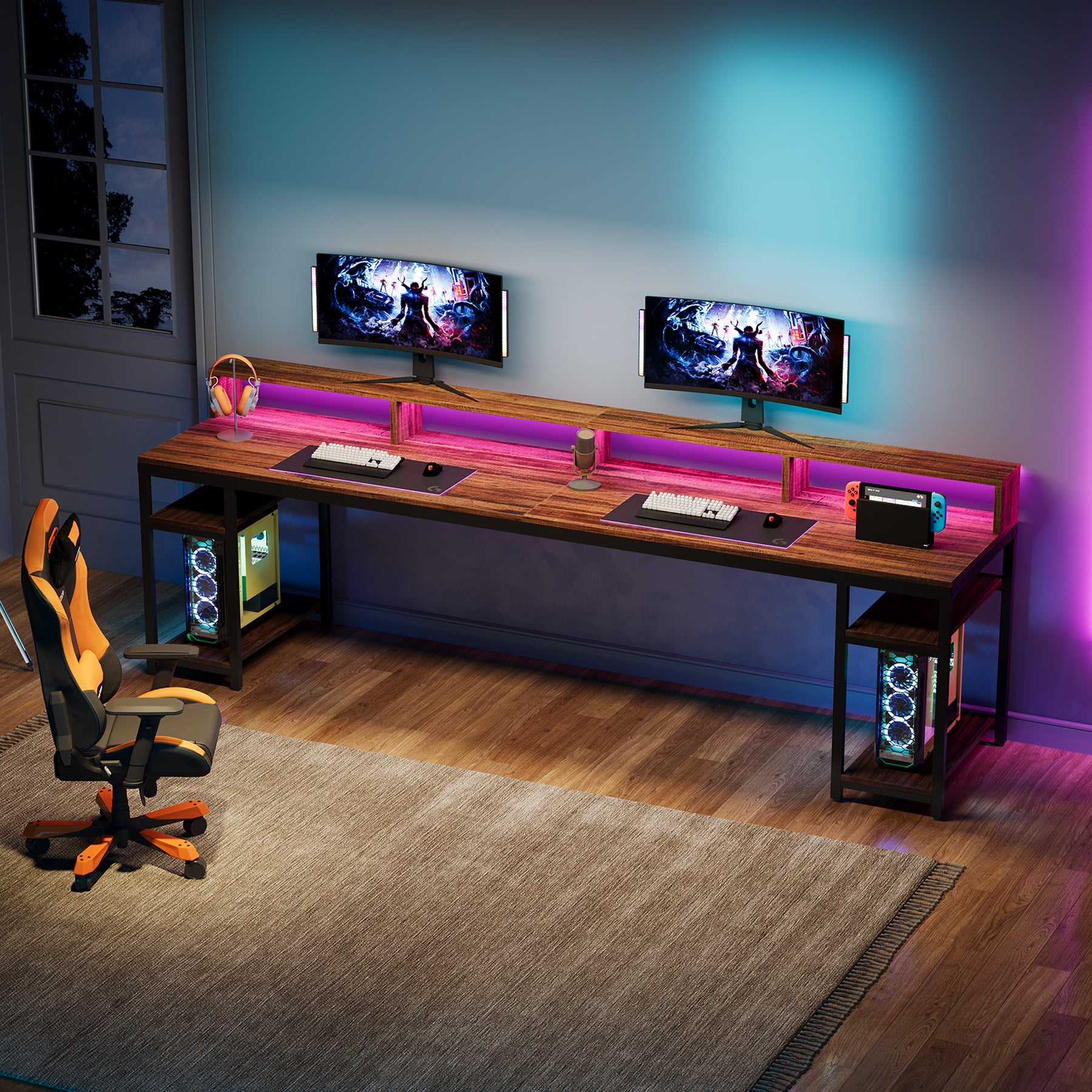 78.74" Two Person Desk with Monitor Stand, Double Computer Desk for Home Office Gaming Study