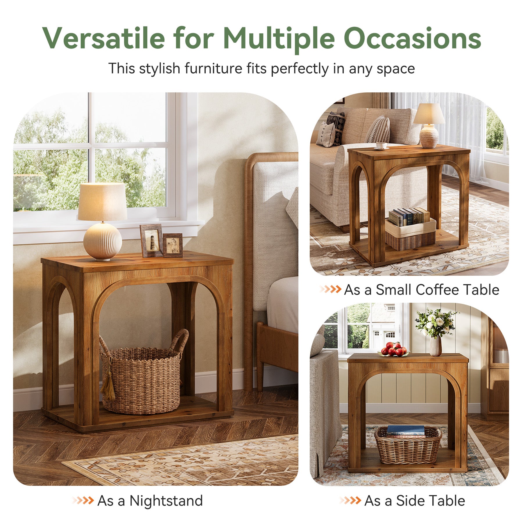 Tribesigns 25.2-Inch Solid Wood End Table with Arched Design and Bottom Shelf, 2-Tier Farmhouse Side Table for Living Room