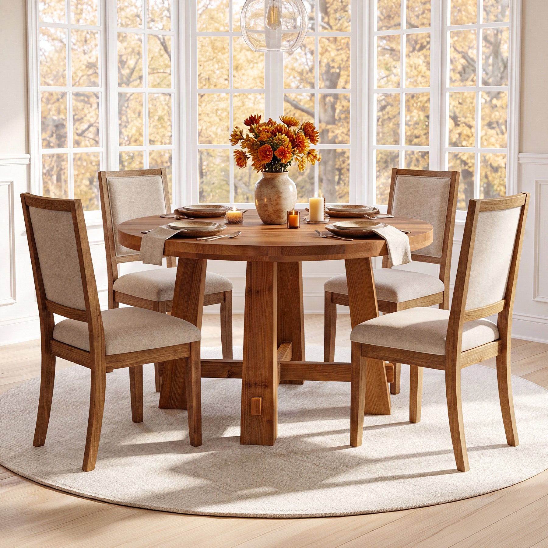 39.4 Inch Solid Wood Round Dining Table with Cross Base, Farmhouse Kitchen Table for 2-4