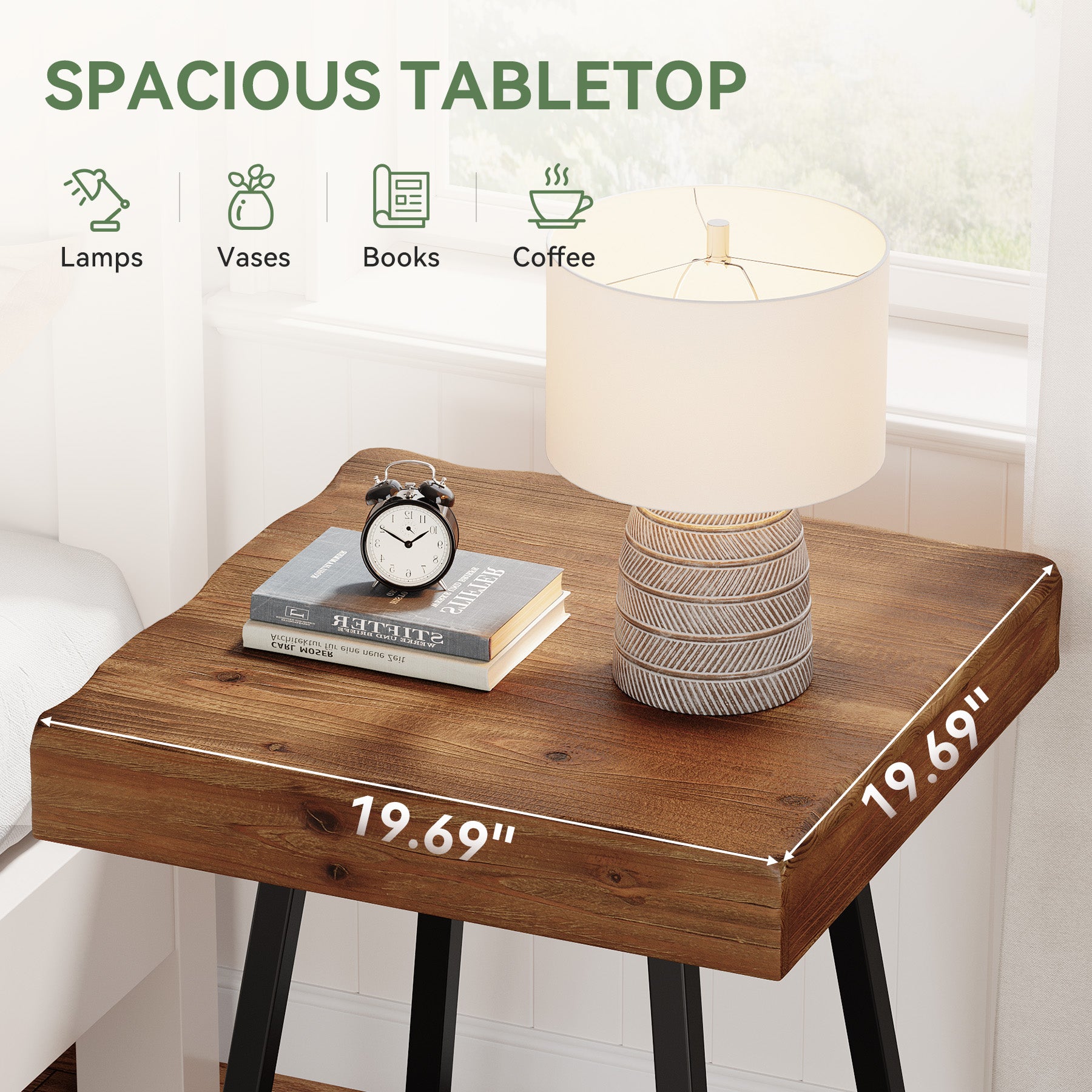 19.7 Inch Solid Wood Nightstand with Metal Frame, Industrial Square Bedside Table