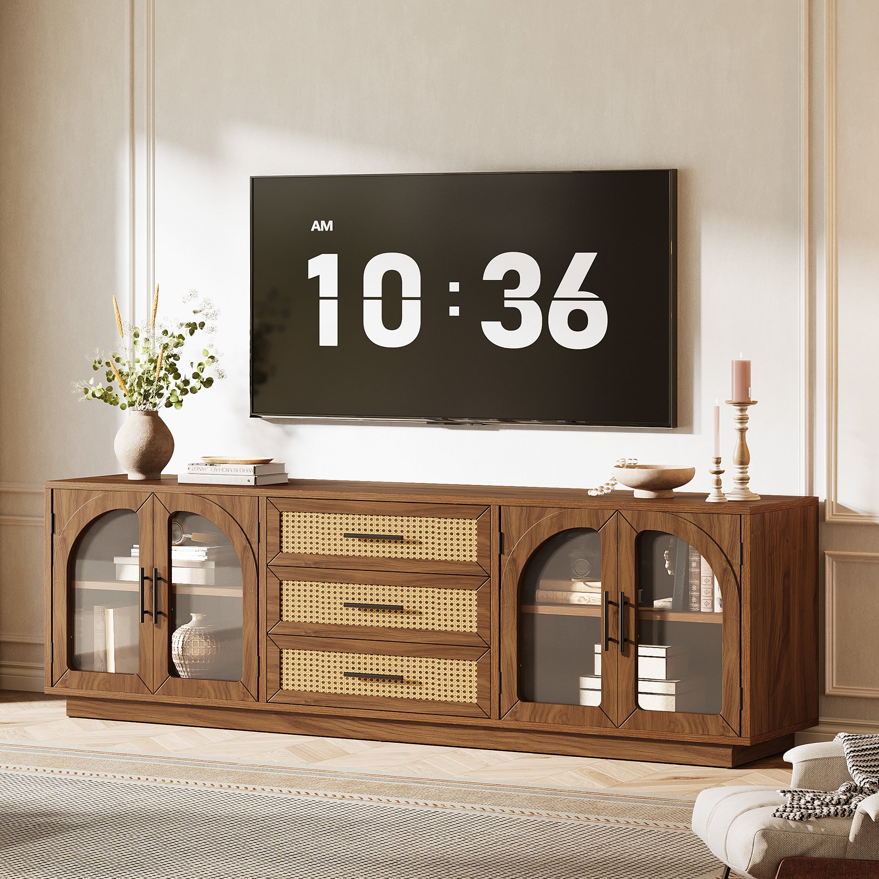 Tribesigns 71-Inch TV Stand with Rattan Drawers, Mid-Century Media Console for Living Room