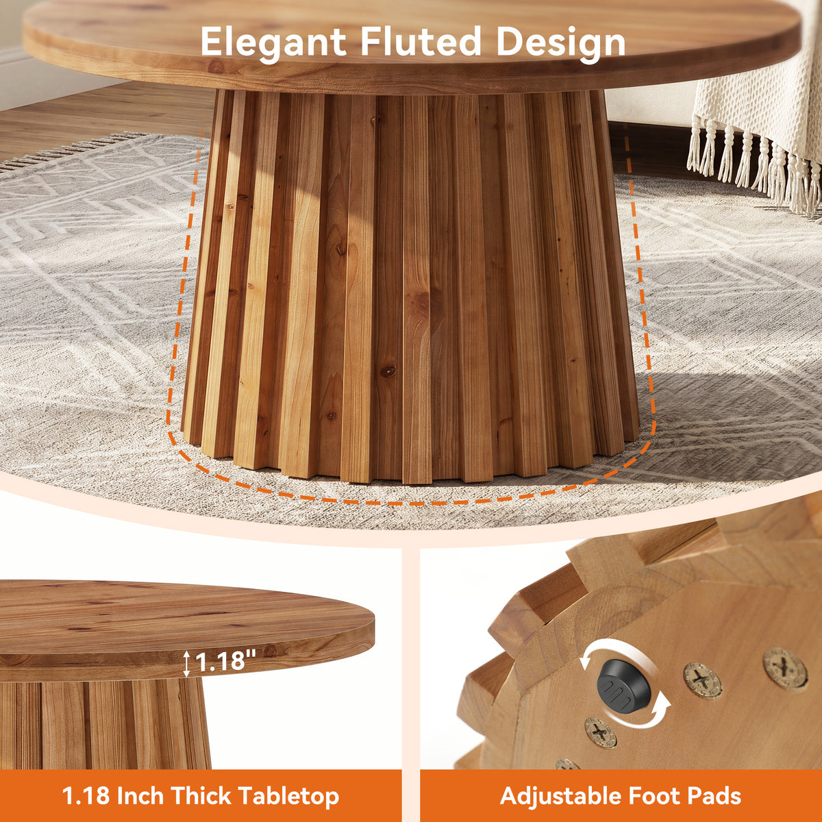31.5 Inch Solid Wood Round Coffee Table with Fluted Drum Base, Farmhouse Accent Table for Living Room