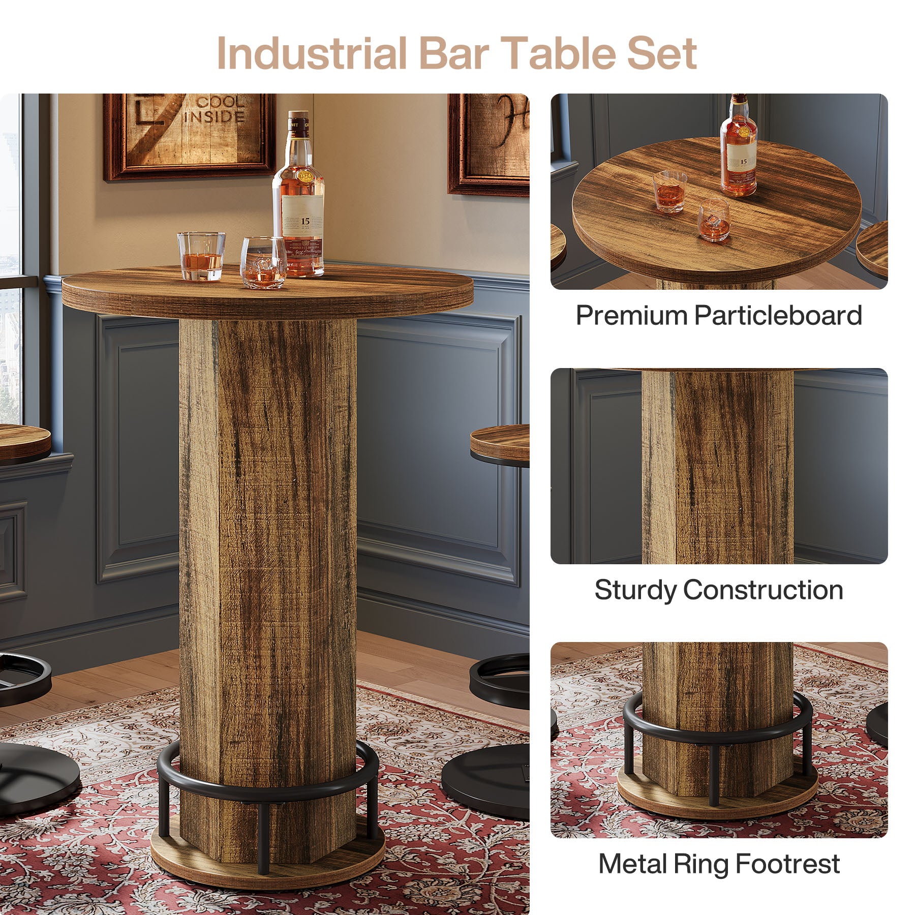 Tribesigns 23.62-Inch Round Bar Table Set, Industrial Bistro Table with 2 Bar Stools and Metal Footrest for Kitchen Apartment