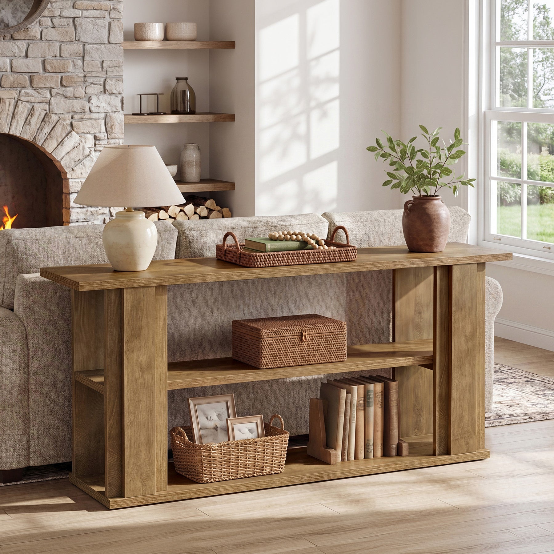 Tribesigns 63-Inch Farmhouse Console Table with 3-Tier Storage Shelves and Wide Panel Supports, Narrow Sofa Table for Living Room Hallway and Foyer