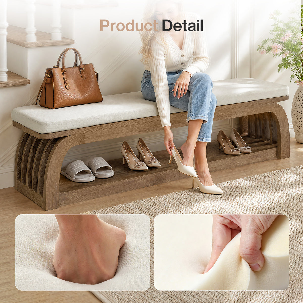 Tribesigns 55.1 Inch Upholstered Entryway Bench with 2-Tier Shoe Storage, Farmhouse Hallway Bench