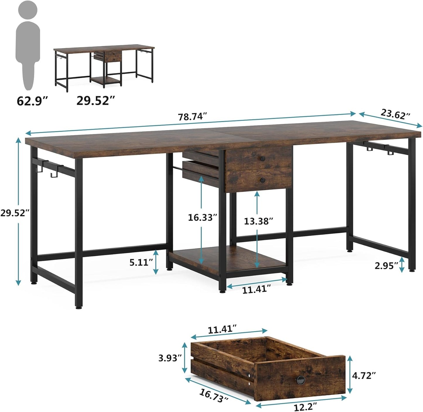 Industrial Two Person Desk, 78’’ Double Computer Desk with Drawers