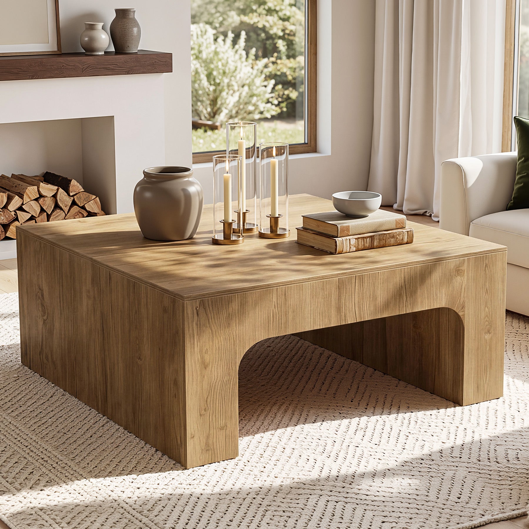 39 Inch Square Coffee Table, Farmhouse Wooden Center Table with Curved Design for Living Room