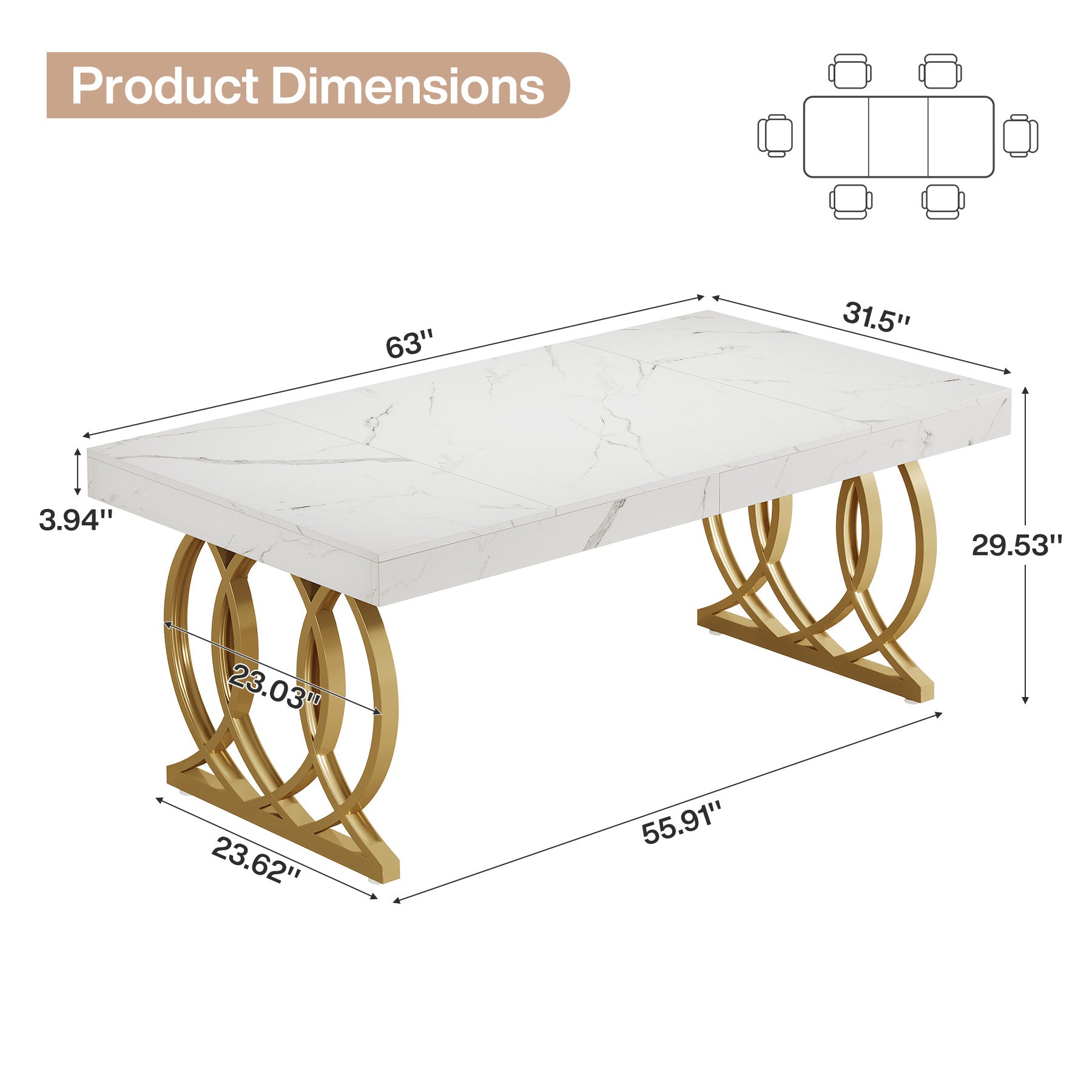 Tribesigns 63-Inch Modern Dining Table for 4-6 People, Faux Marble Kitchen Table with Gold Legs