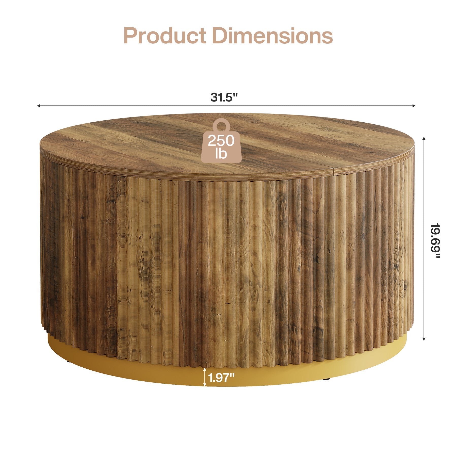 31.5" Round Fluted Wood Coffee Table with Drum Base, Mid Century Modern Rustic Brown