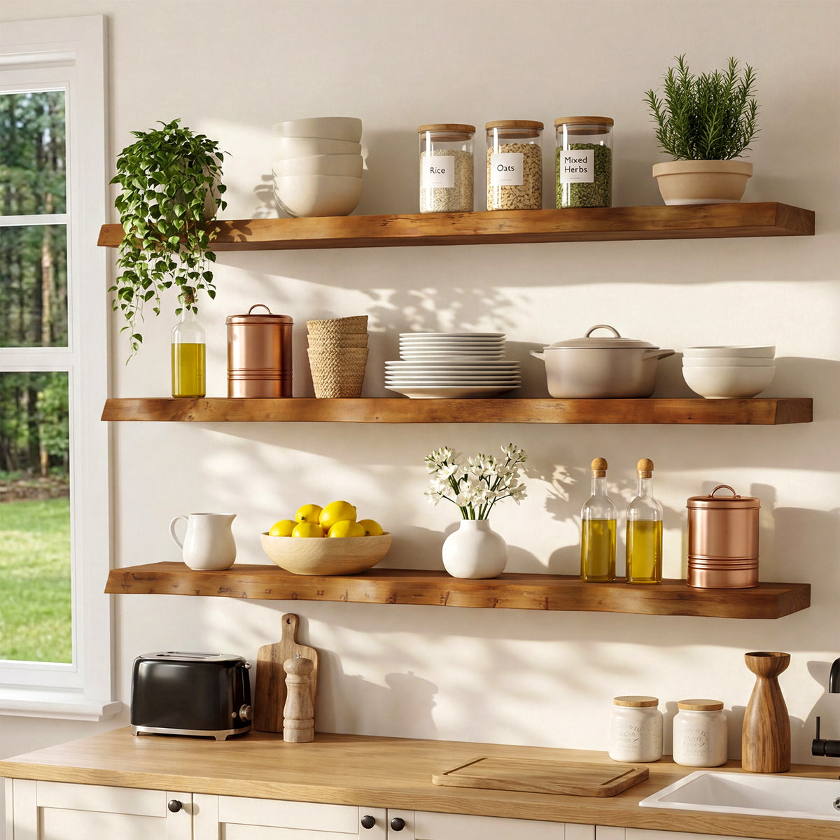 Tribesigns 47.24" Solid Wood Floating Shelves Set of 3 with Live Edge Design, Wall Decor Storage