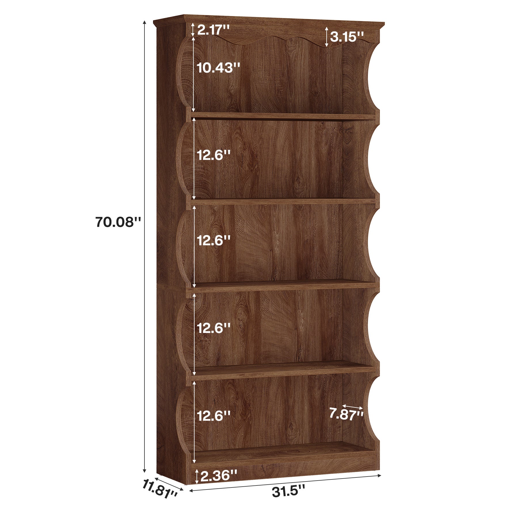 70 Inch Tall Bookcase, 5 Tier Curved Edge Bookshelf with Open Storage for Living Room and Home Office