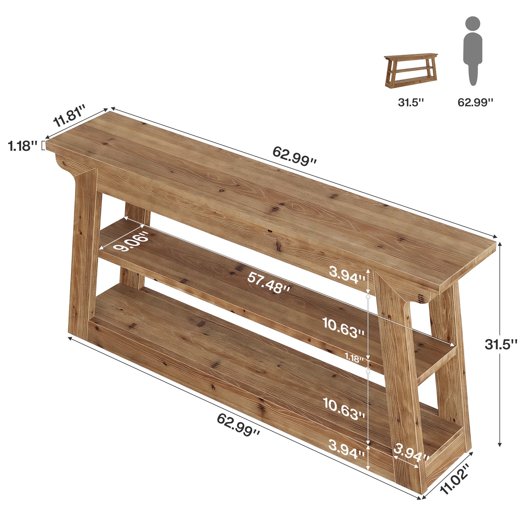 Tribesigns 63-Inch Solid Wood Console Table with 3-Tier Storage, Farmhouse Hallway Entry Table