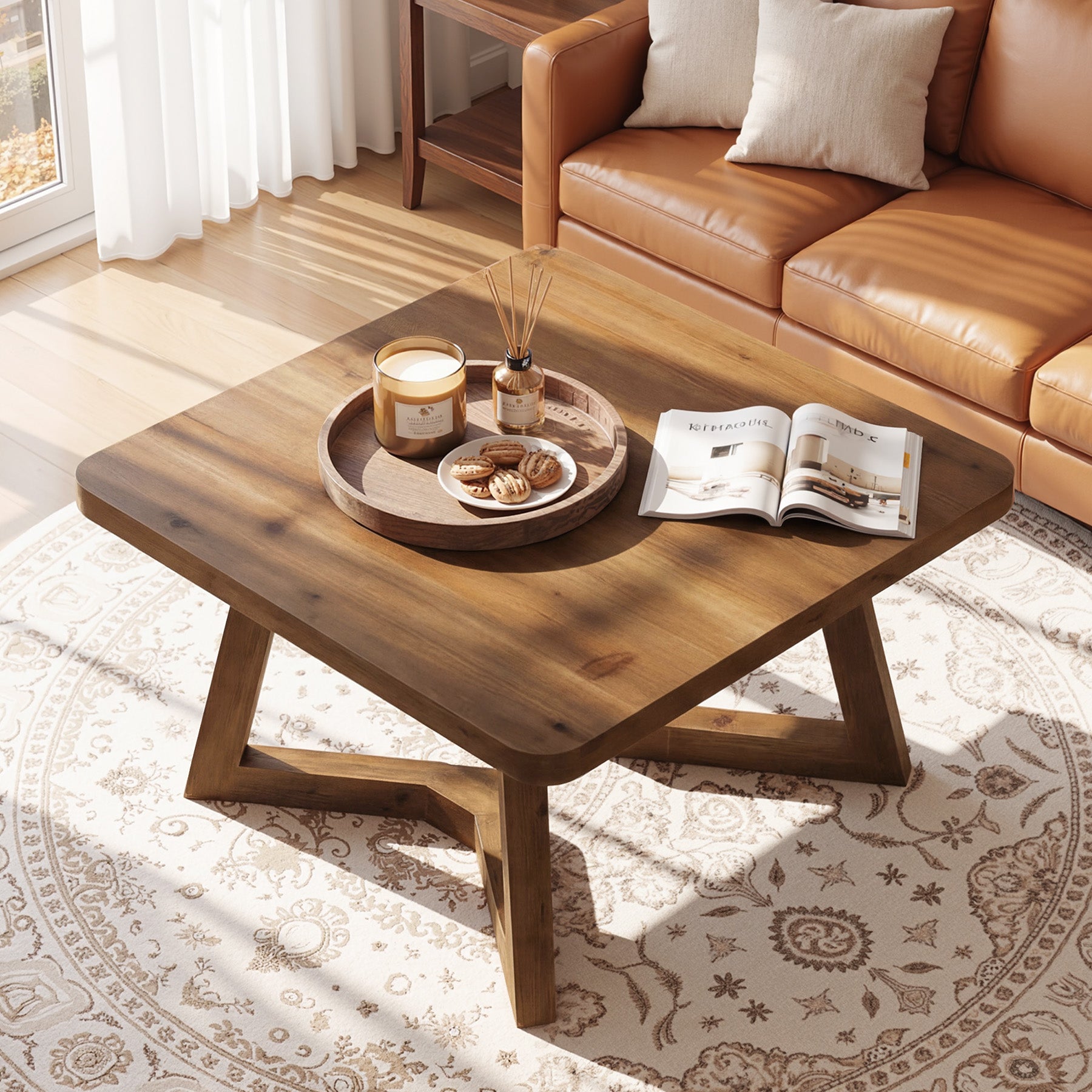 31.5 Inch Solid Wood Square Coffee Table, Farmhouse Center Table with Pedestal for Living Room