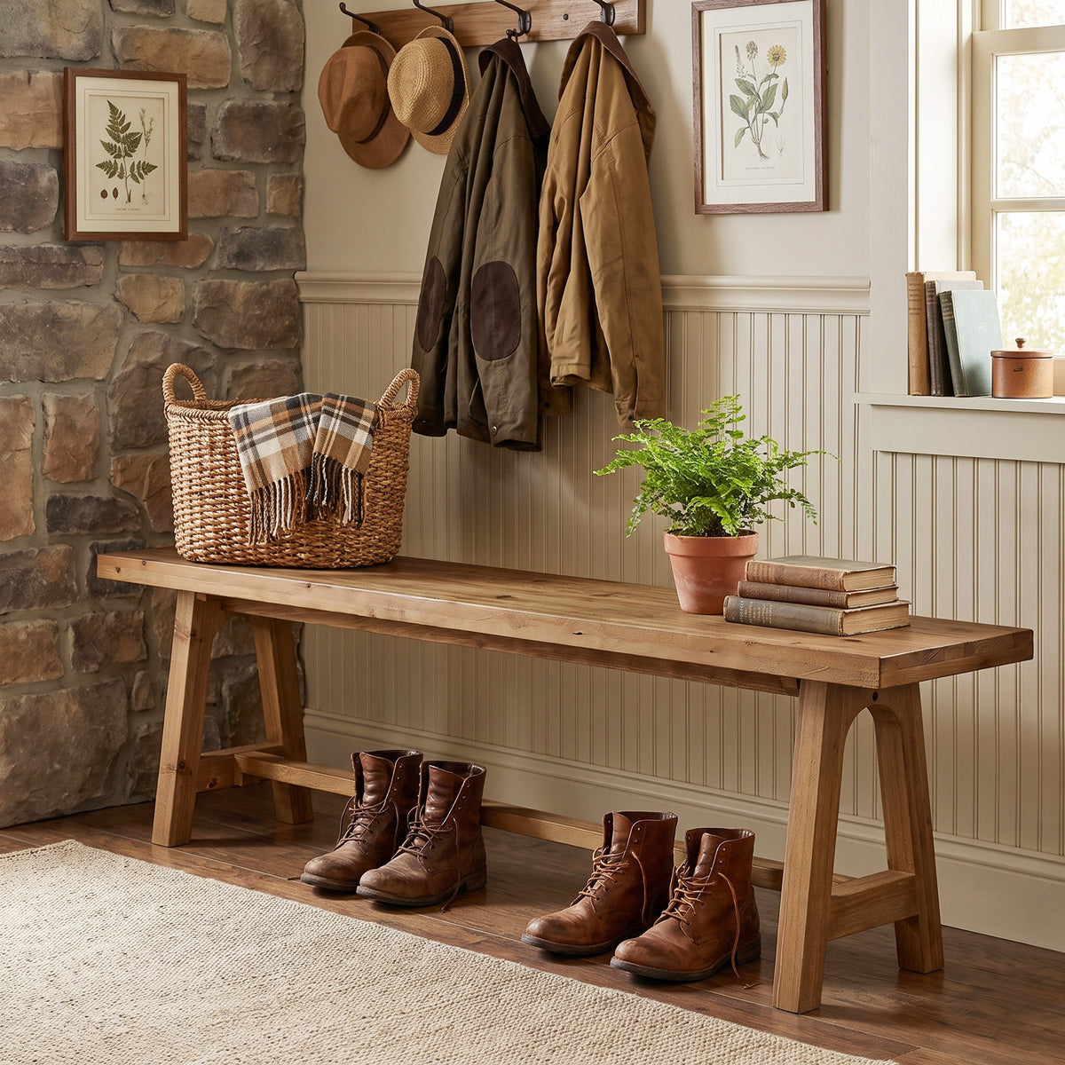 Tribesigns 63-Inch Solid Wood Entryway Bench, Rustic Hallway Shoe Bench for Mudroom