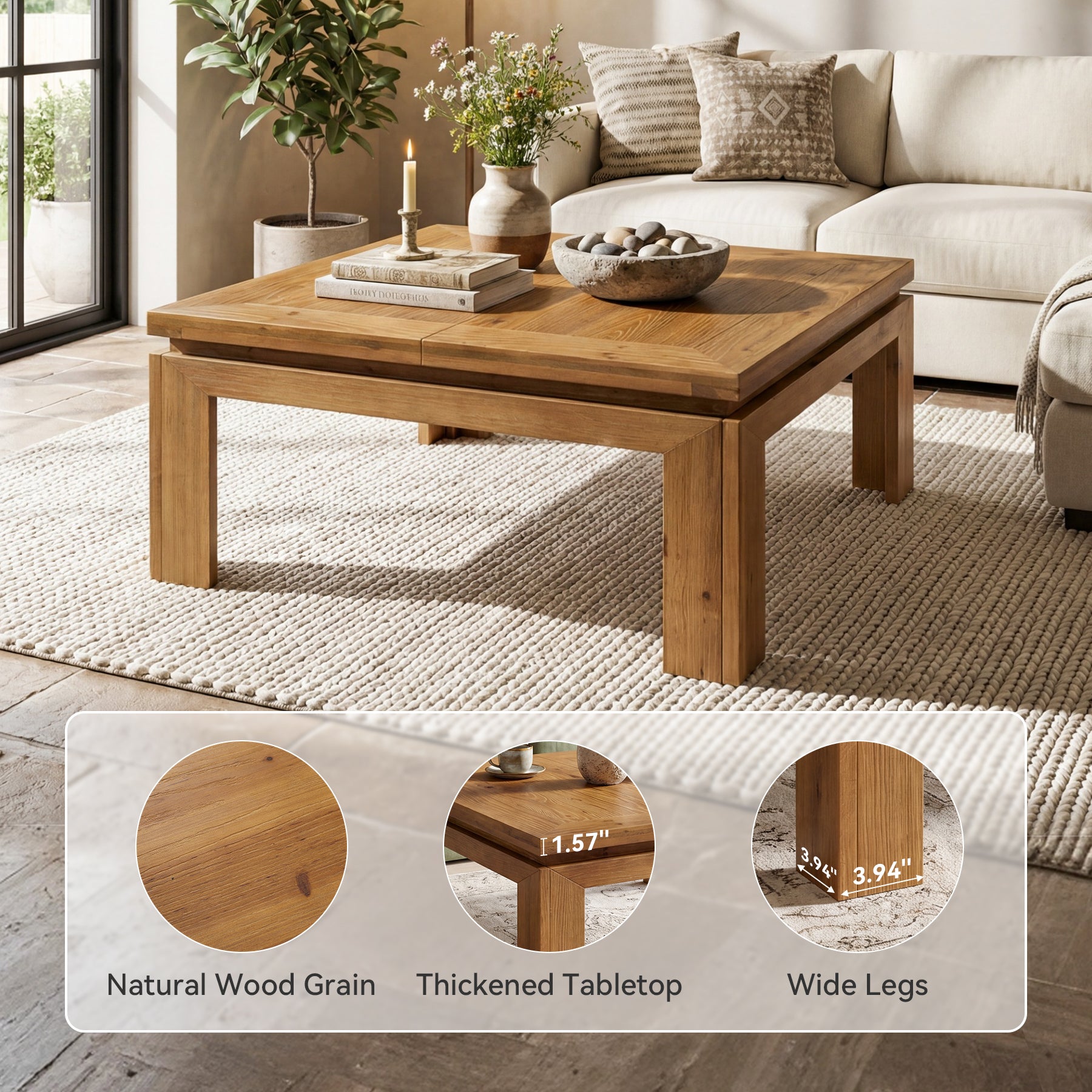 Tribesigns 39.4-Inch Solid Wood Coffee Table with Recessed Edge, Square Farmhouse Center Table for Living Room