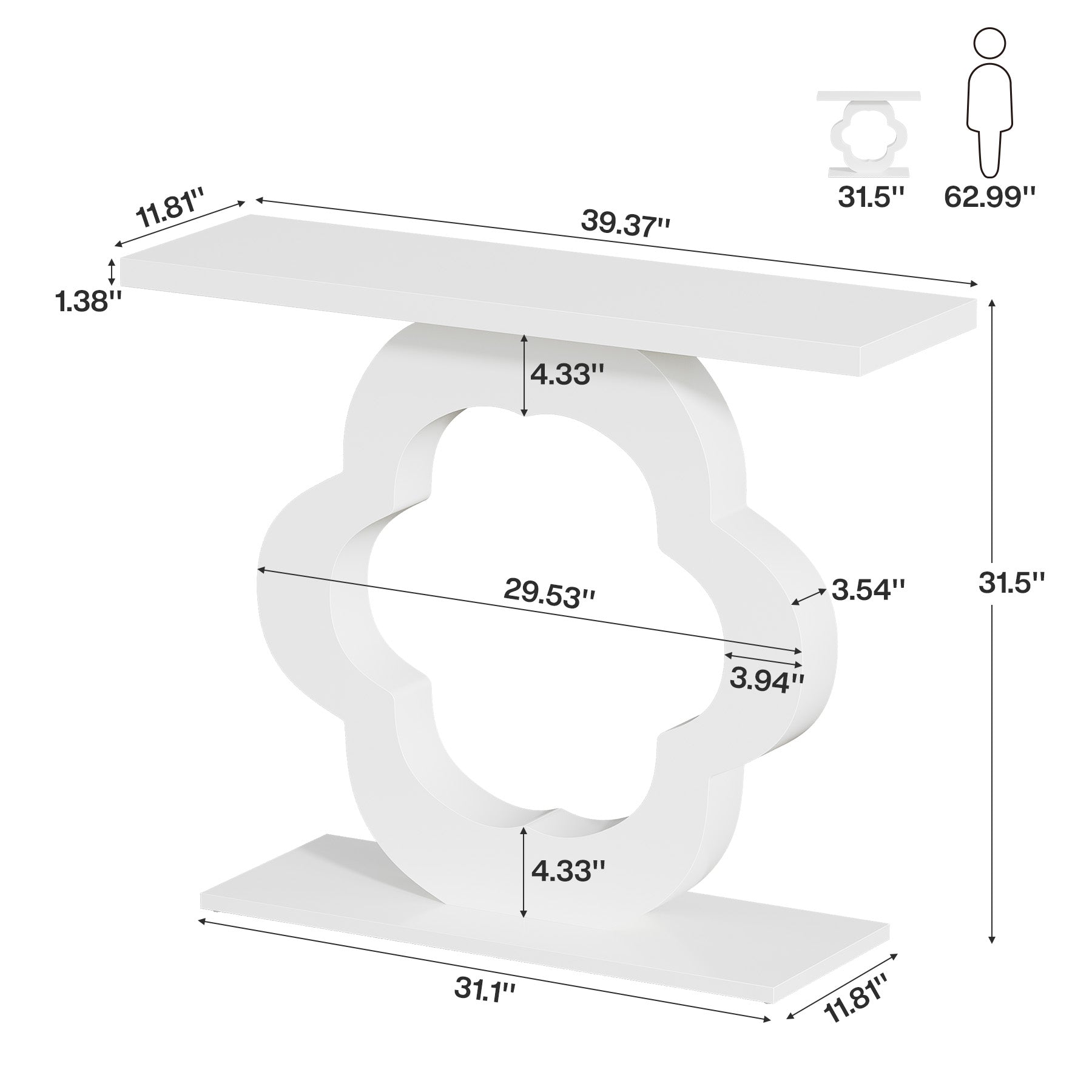 39.4-Inch White High-Gloss Console Table with Flower Cutout Base, Narrow Entryway Table for Living Room and Hallway