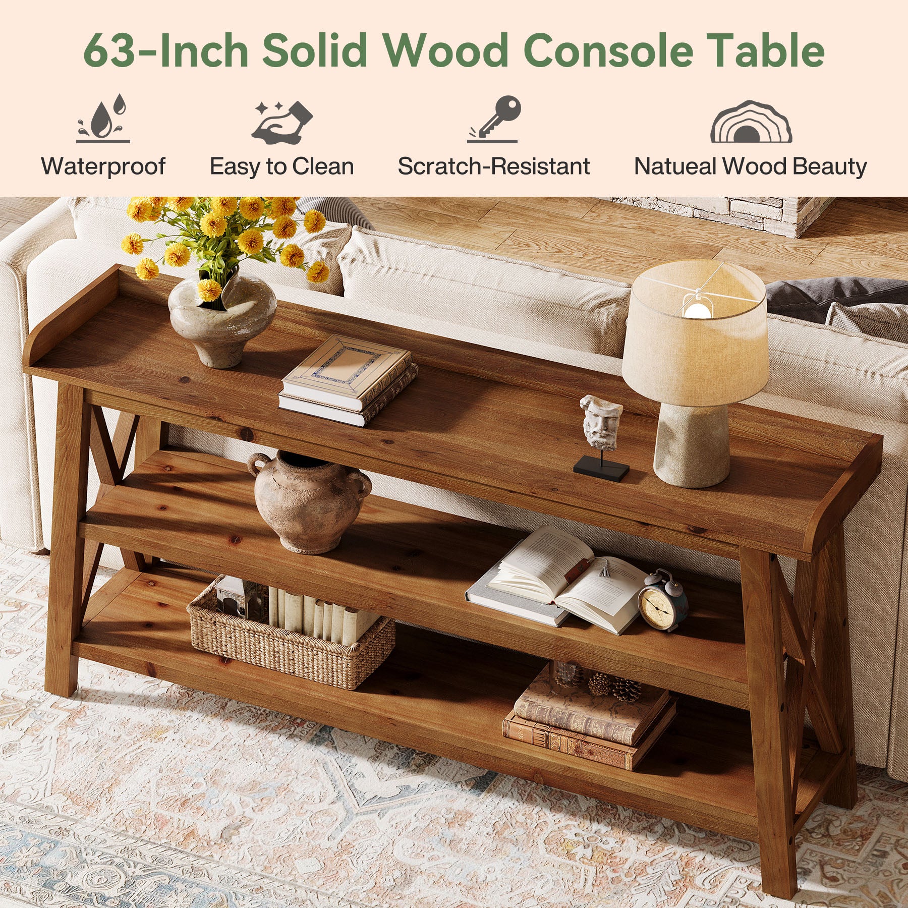 Tribesigns 63-Inch Solid Wood Console Table with X-Frame, 3-Tier Hallway Table for Living Room