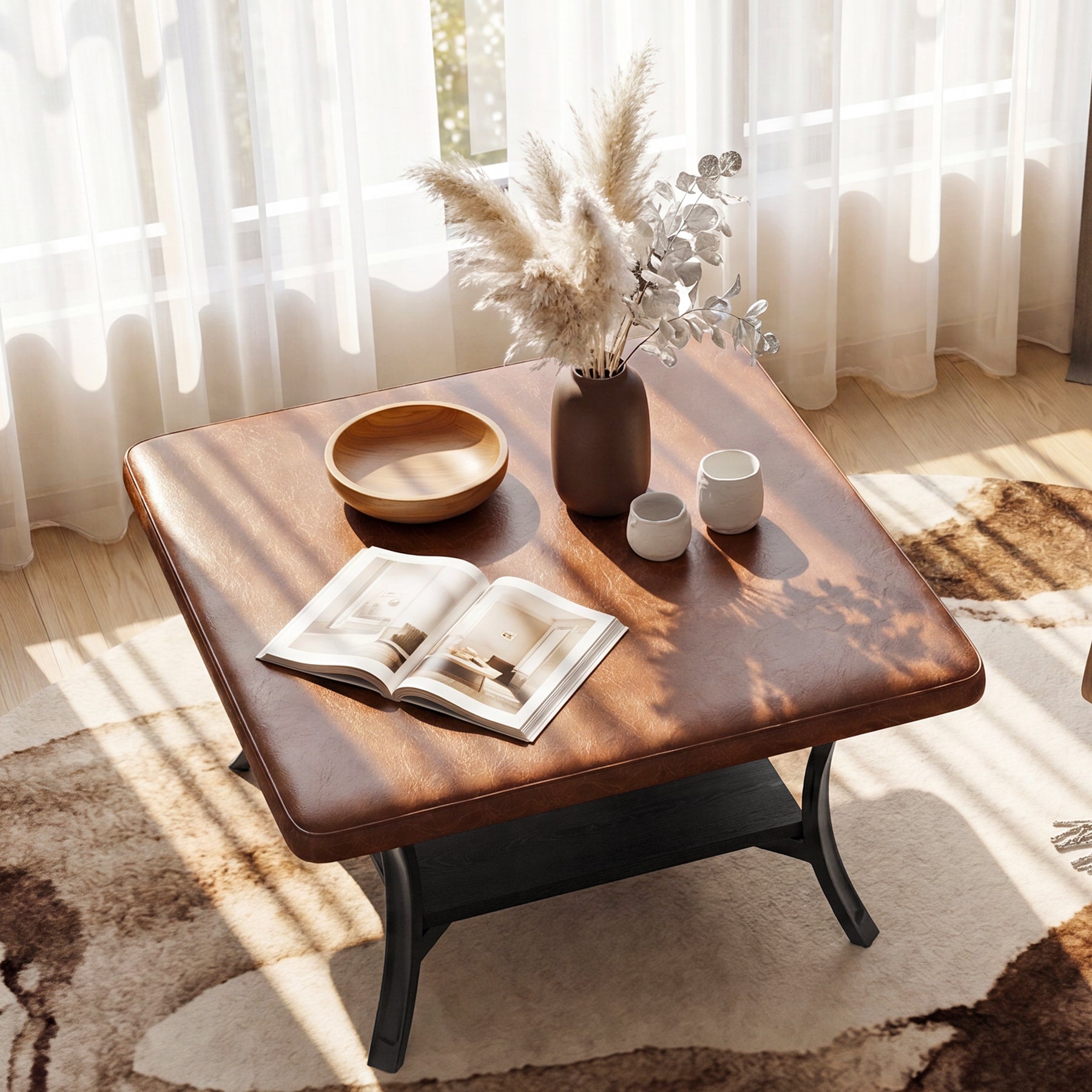 31.5-Inch Square Coffee Table, Upholstered Ottoman with PU Leather Top for Living Room