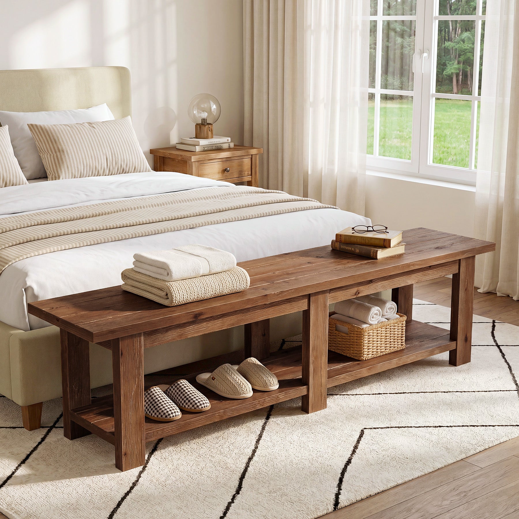 Tribesigns 70.9-Inch Solid Wood Shoe Bench with Storage, Extra Long Farmhouse Bench for Entryway