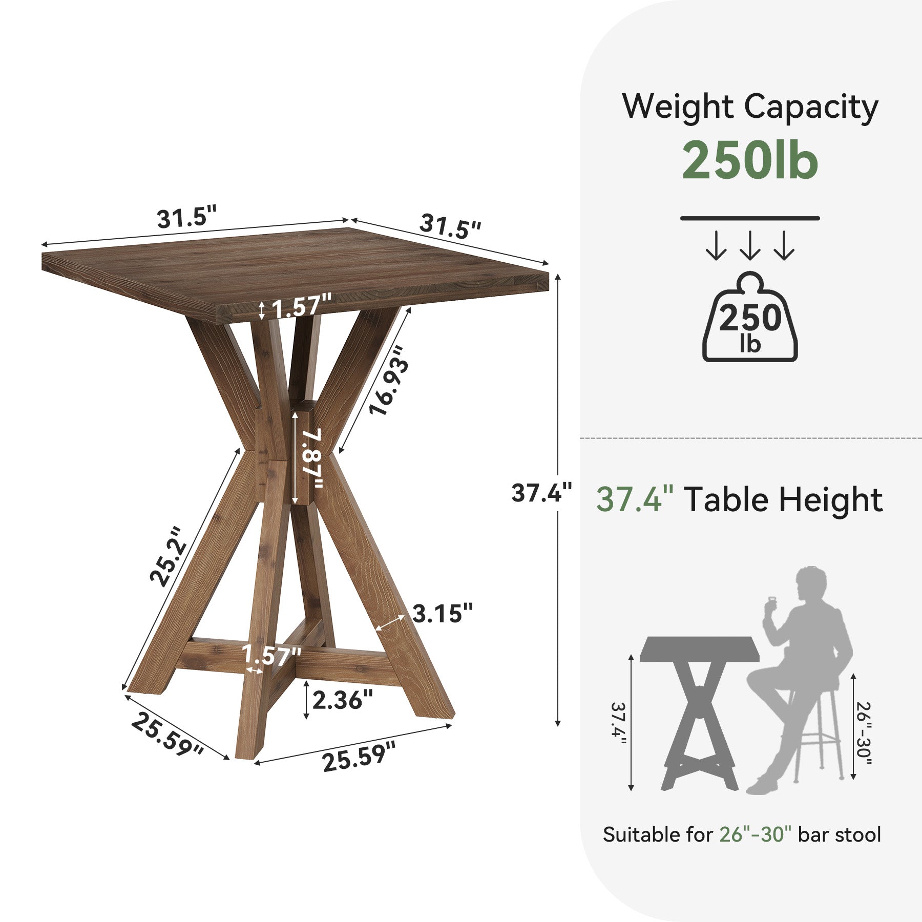 Tribesigns 31.5-Inch Solid Wood Bar Table with X-Frame, Counter Height Pub Table for Kitchen