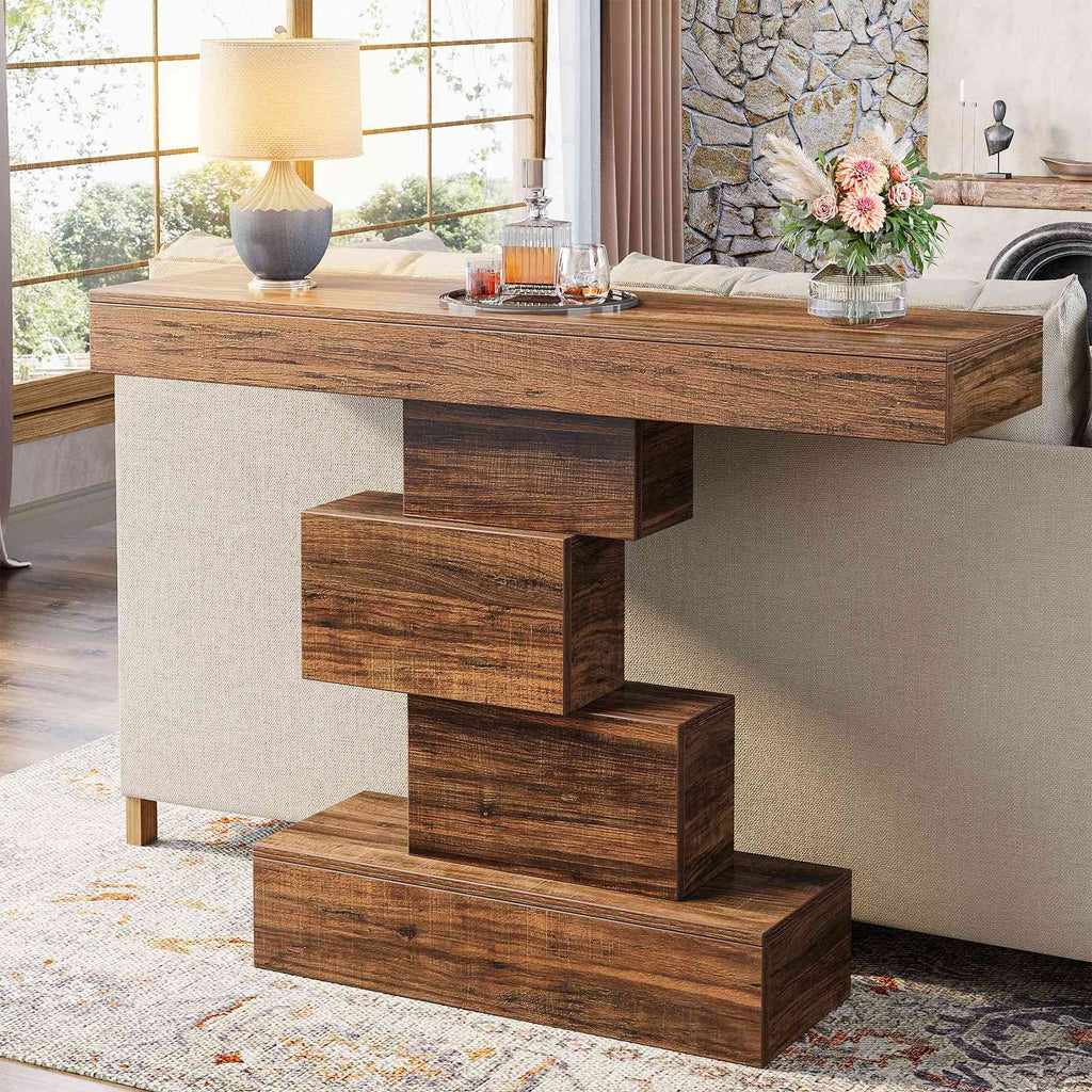 42" Console Table Wood Sofa Table Accent Table Geometric Base