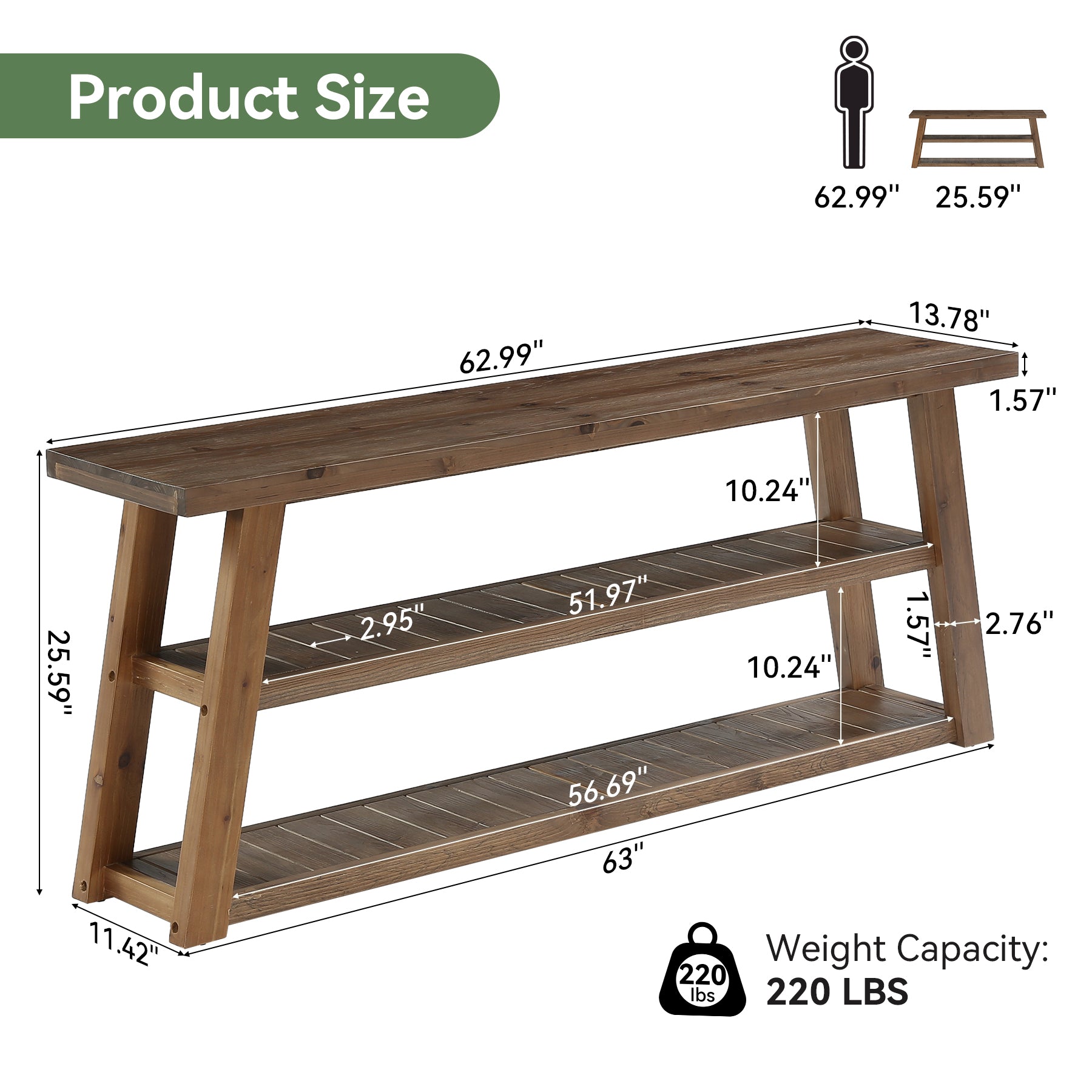Tribesigns 62.99 Inch Solid Wood Console Table with 3-Tier Shelves, Farmhouse Hallway Table