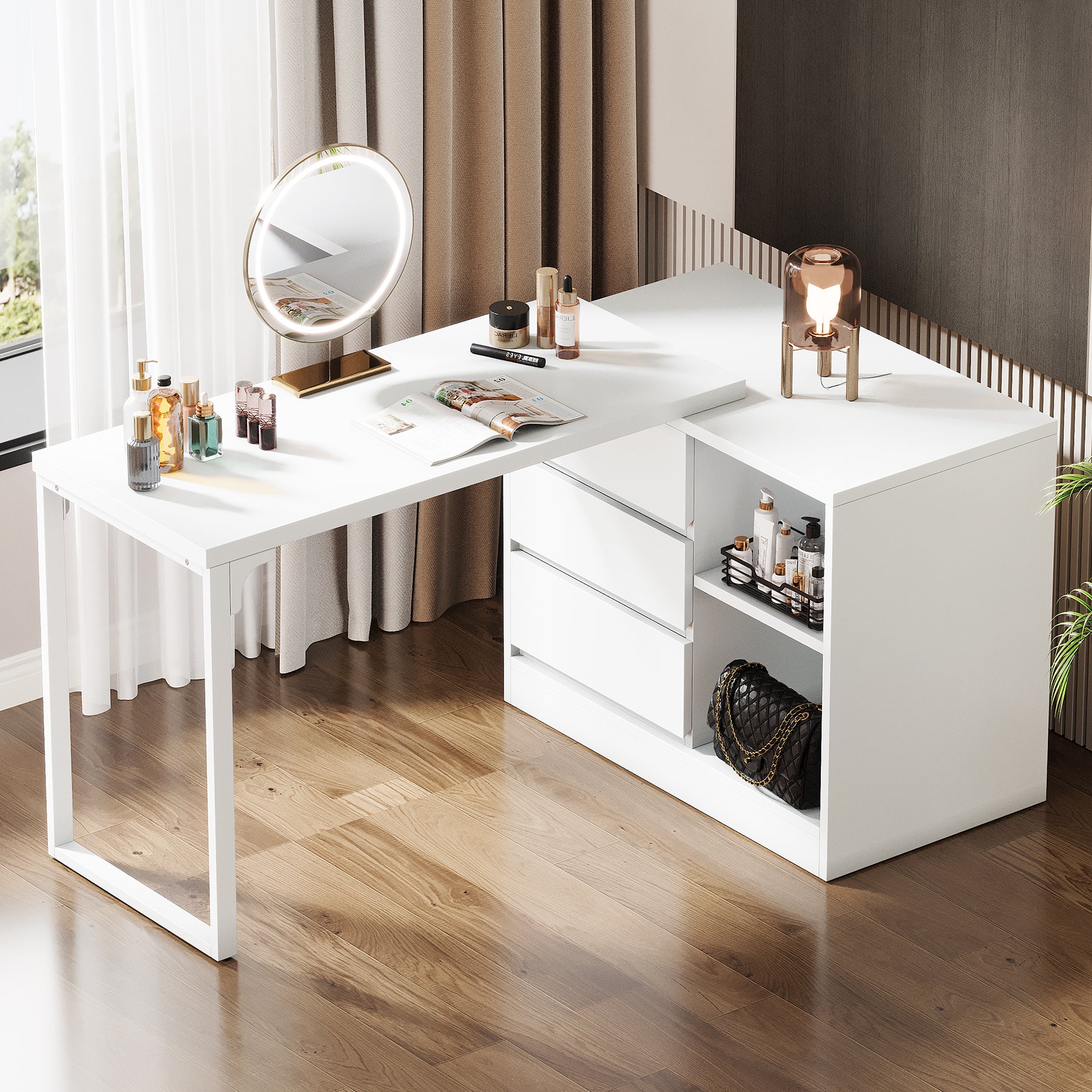 Tribesigns Vanity Desk with 3 Drawers and 2 Shelves, Matte White Makeup Table with Reversible Storage Cabinet for Bedroom