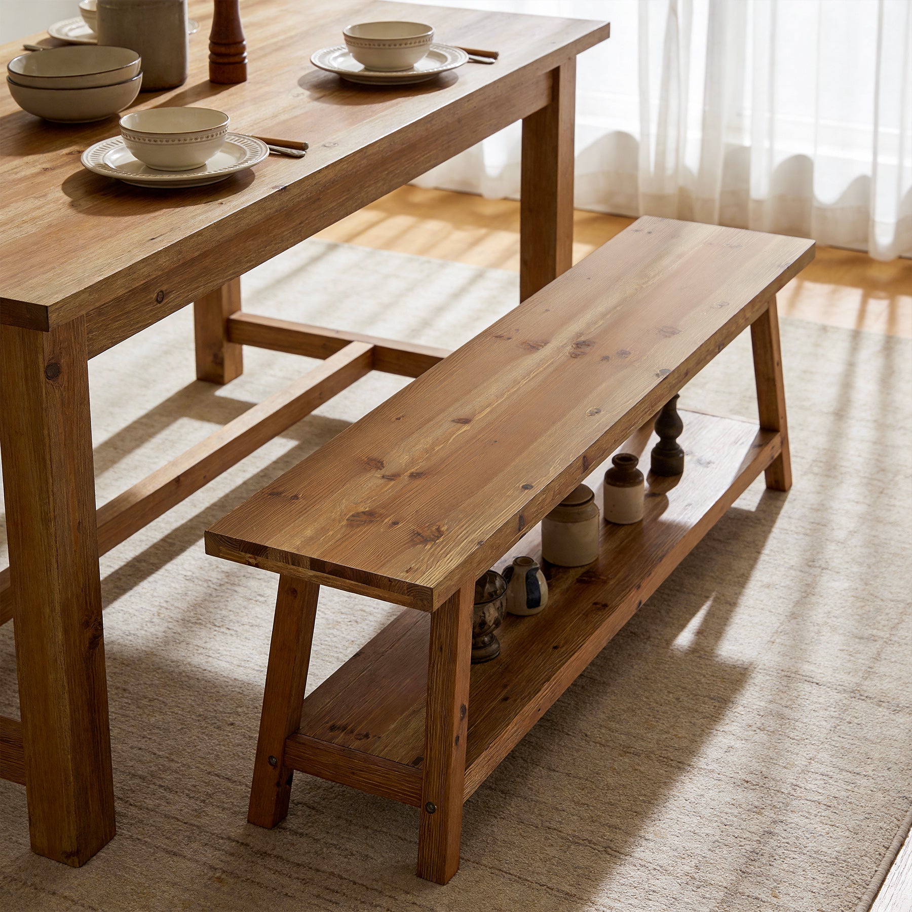 63" Farmhouse Kitchen Bench with Storage Shelf, Solid Wood Dining Bench