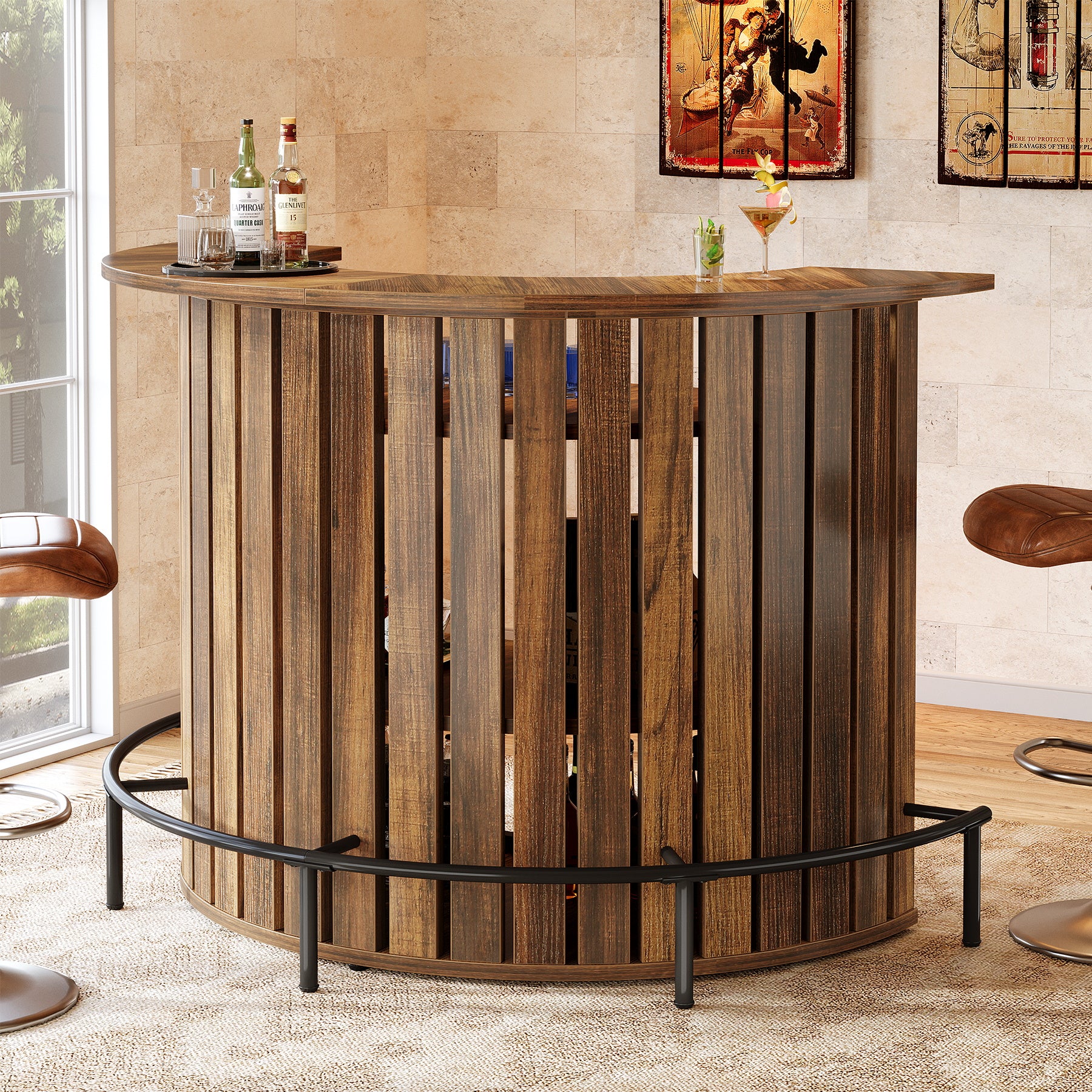 Tribesigns Bar Table with 4-Tier Storage and Footrest, Arc-Shaped Mini Home Bar Unit