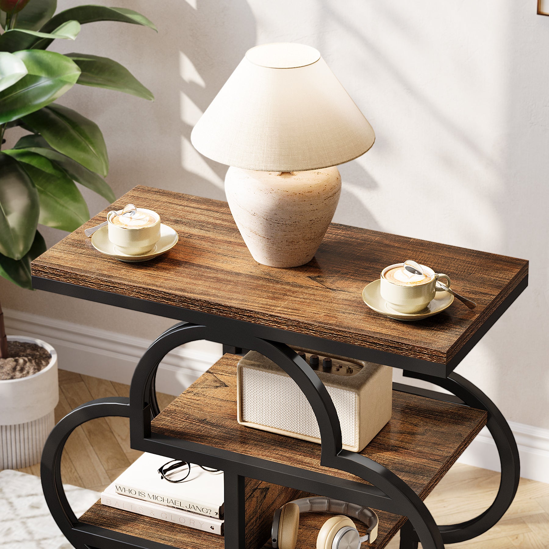 23.62 Inch Narrow Side Table with Storage, 4 Tier Wooden End Table with Metal Frame