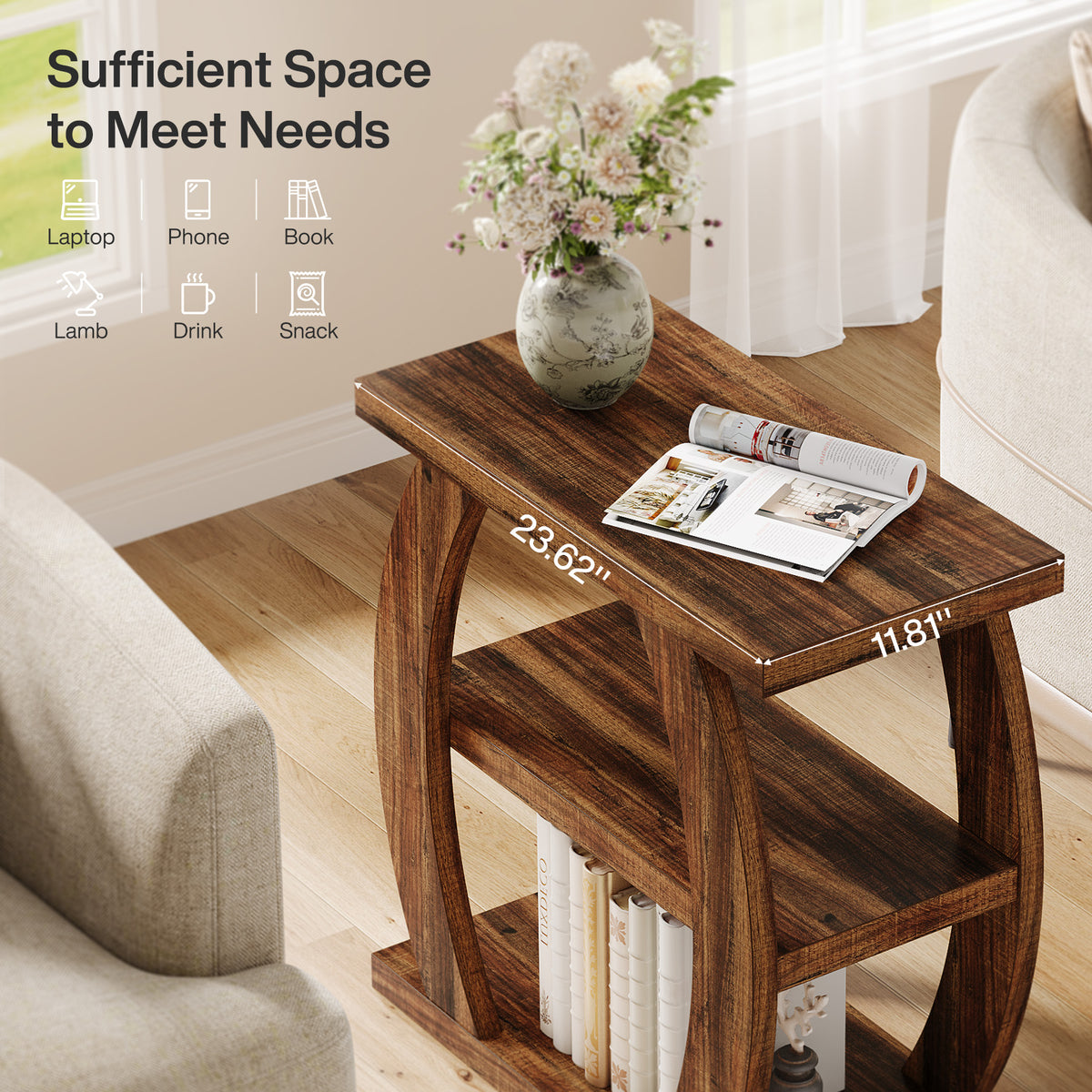 Farmhouse Geometric Side Table, Three-Tier Narrow Storage for Small Spaces
