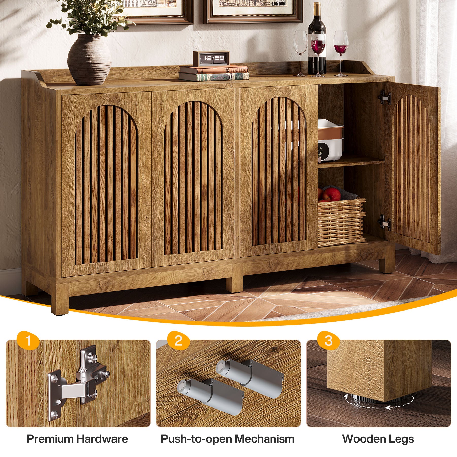 57-Inch Buffet Cabinet with Adjustable Shelves and Grille Doors, Long Sideboard Cabinet for Dining Room
