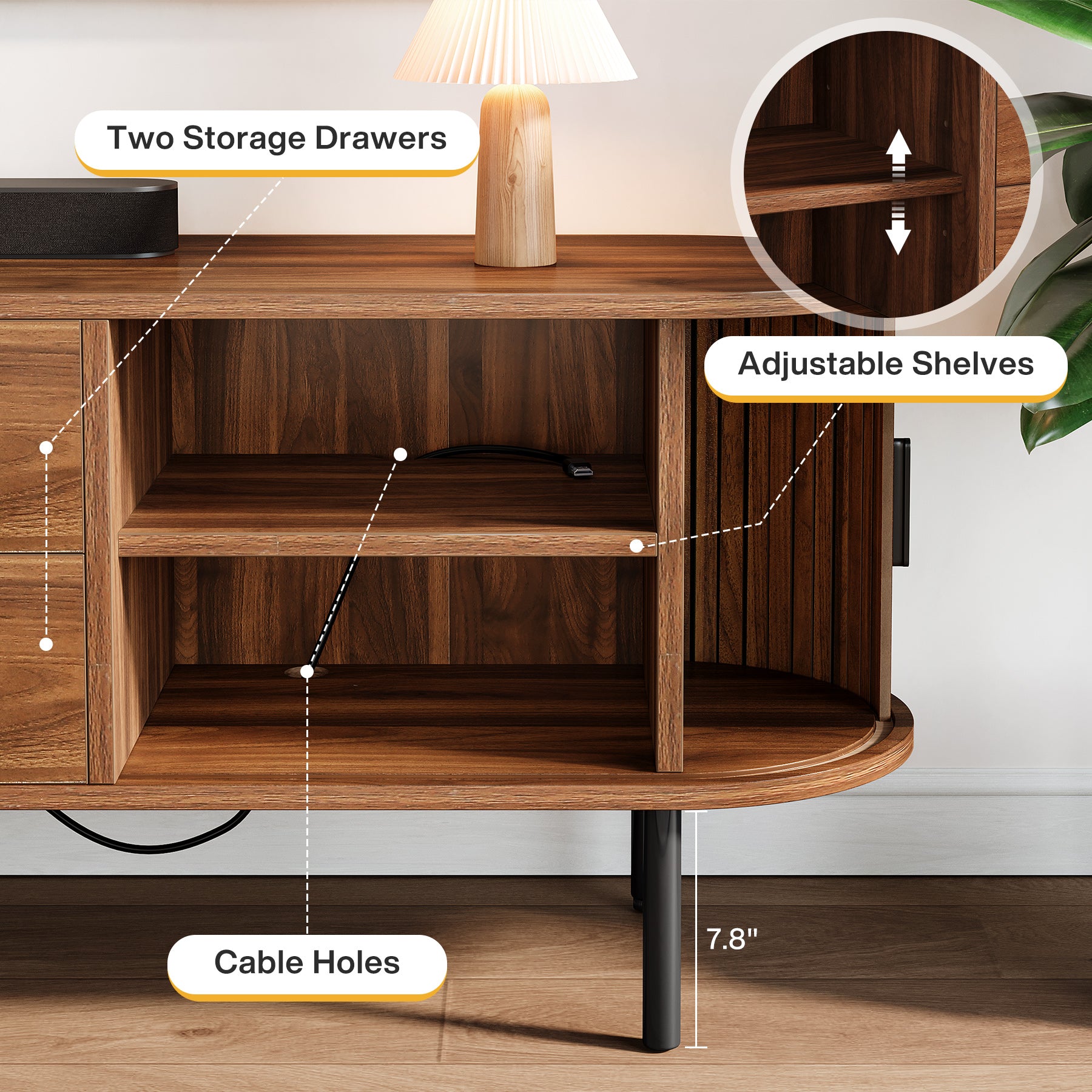 70-Inch TV Stand with Sliding Tambour Door, Mid-Century Media Console for 75-Inch TVs