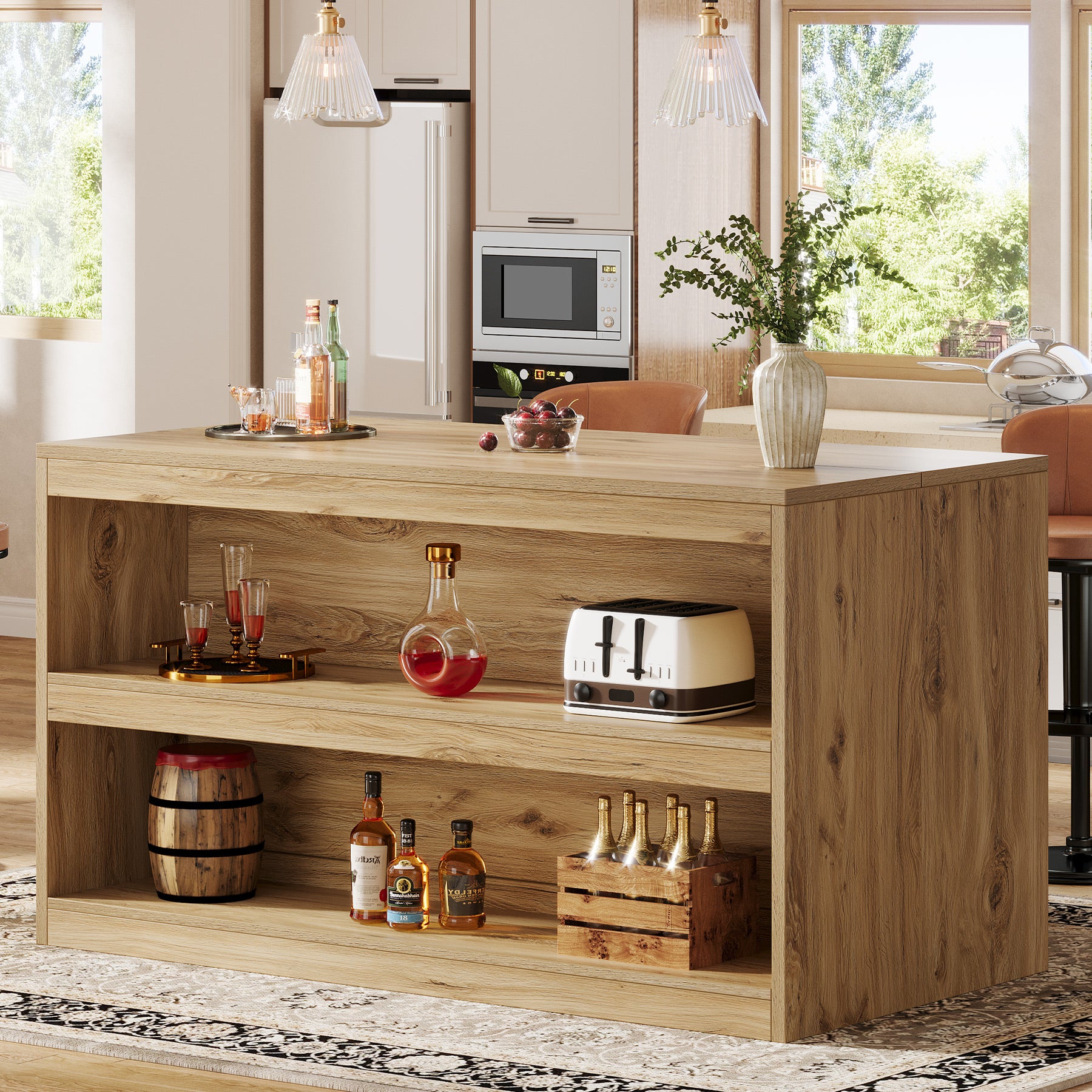 59 Inch Home Bar Table with 2-Tier Shelves, Farmhouse Pub Table for Kitchen and Bistro