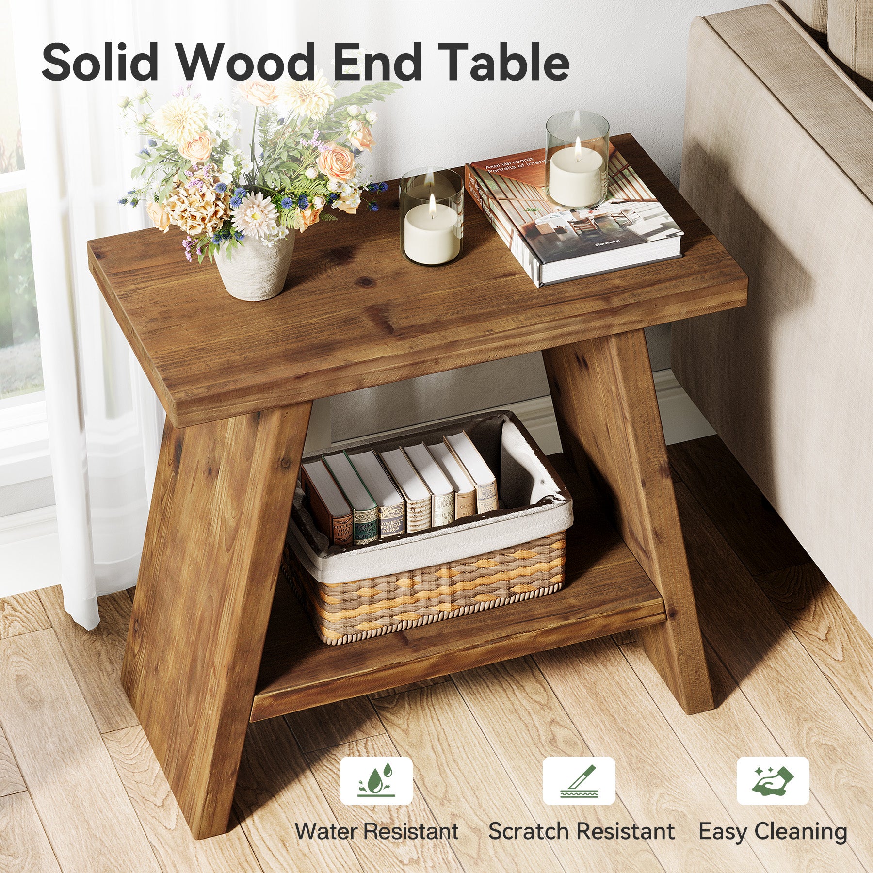 Tribesigns 23.62" Solid Wood End Table, 2-Tier Nightstand for Living Room and Bedroom