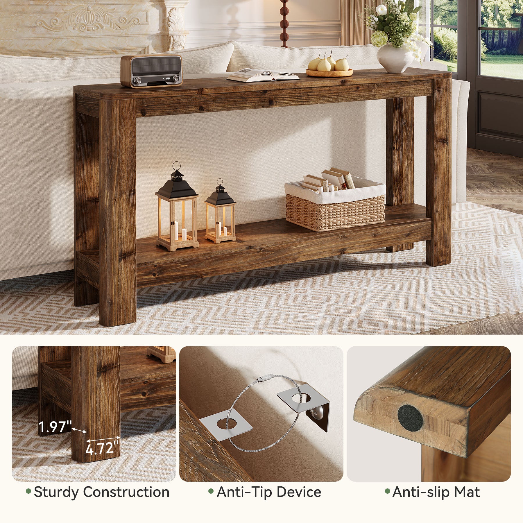 63" Console Table, Solid Wood Farmhouse Sofa Table with 2-Tier Storage