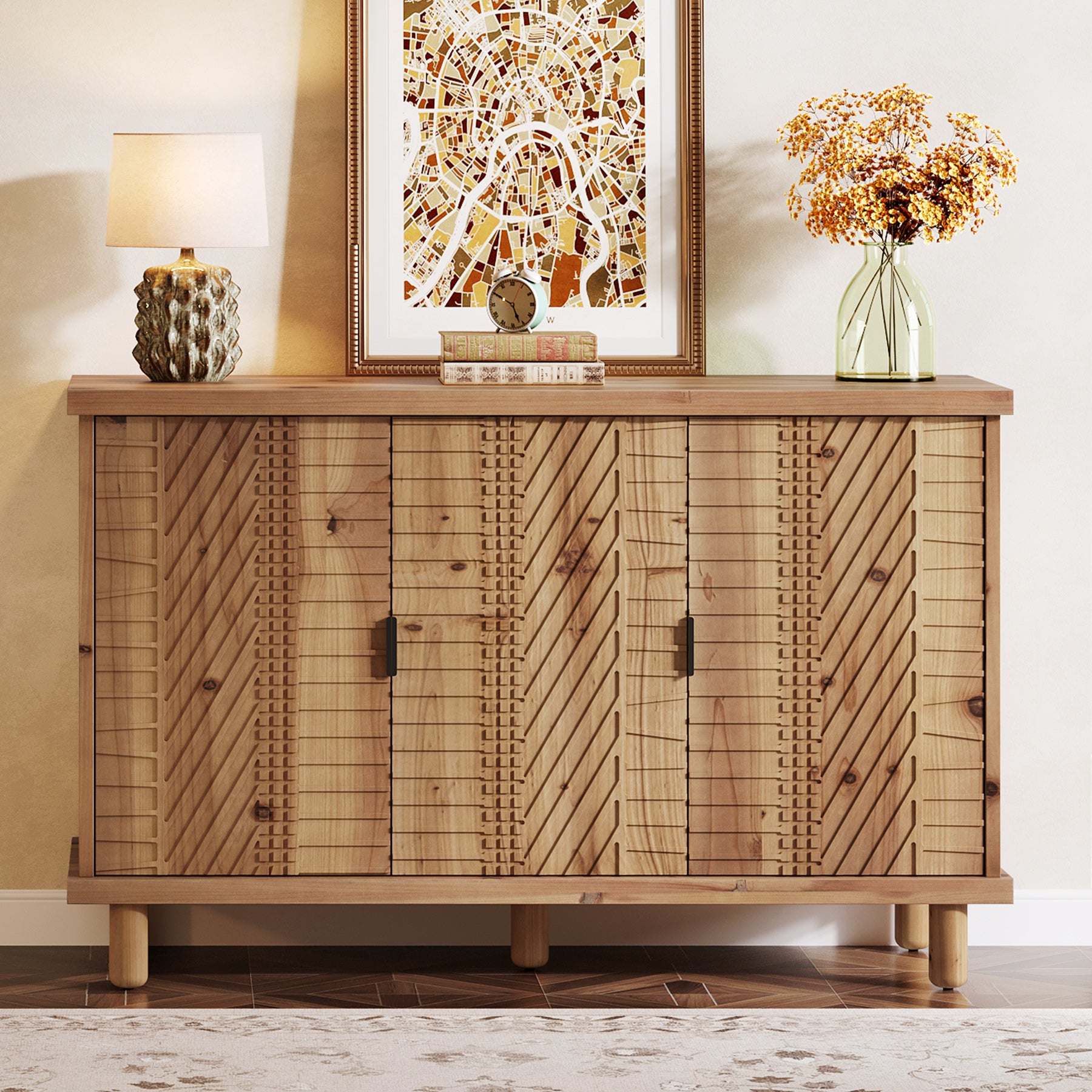 Tribesigns 47.6-Inch Farmhouse Sideboard Cabinet with 3 Doors, Solid Wood Buffet Cabinet for Kitchen
