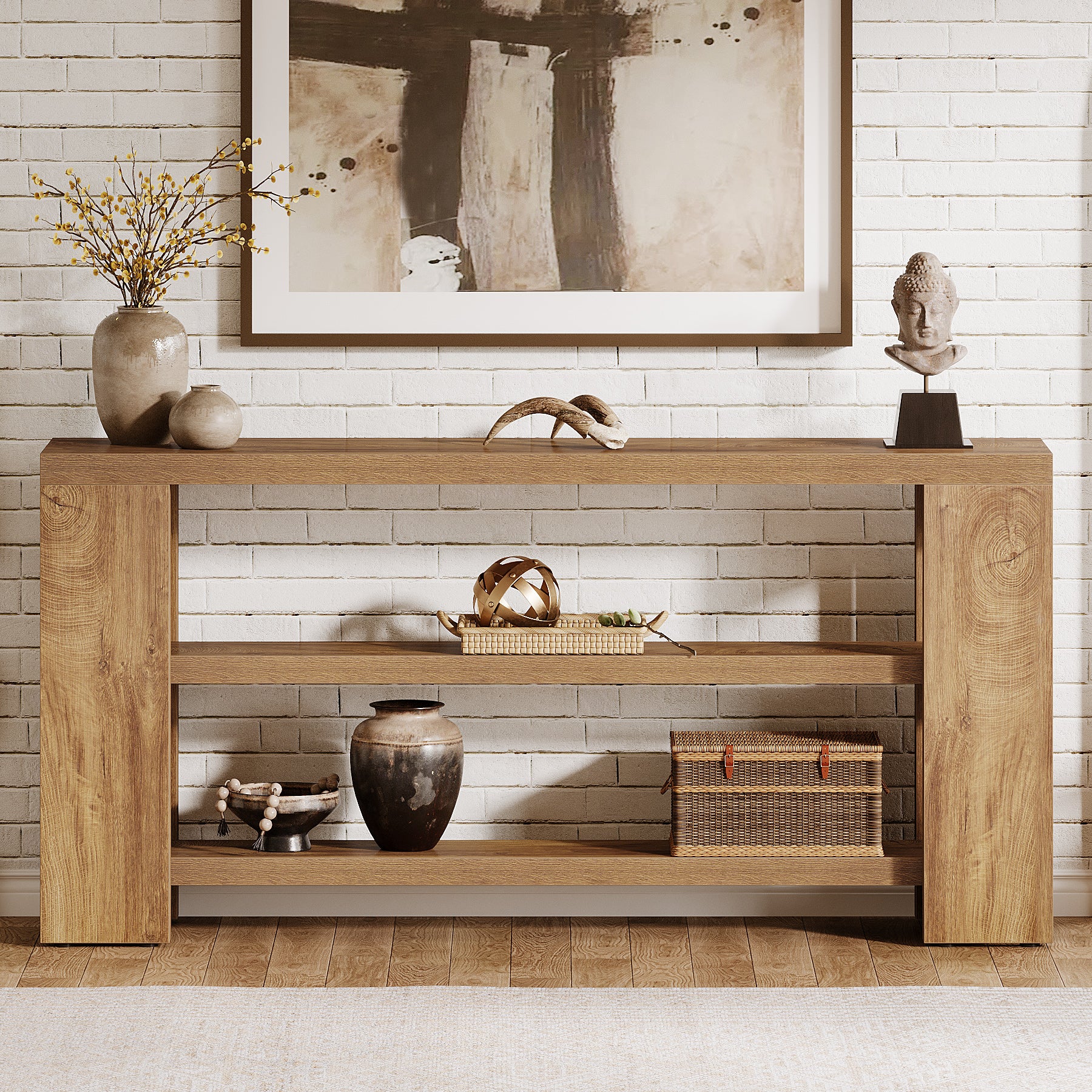 63-Inch Industrial Console Table, Narrow Wooden Sofa Table with Metal Frame