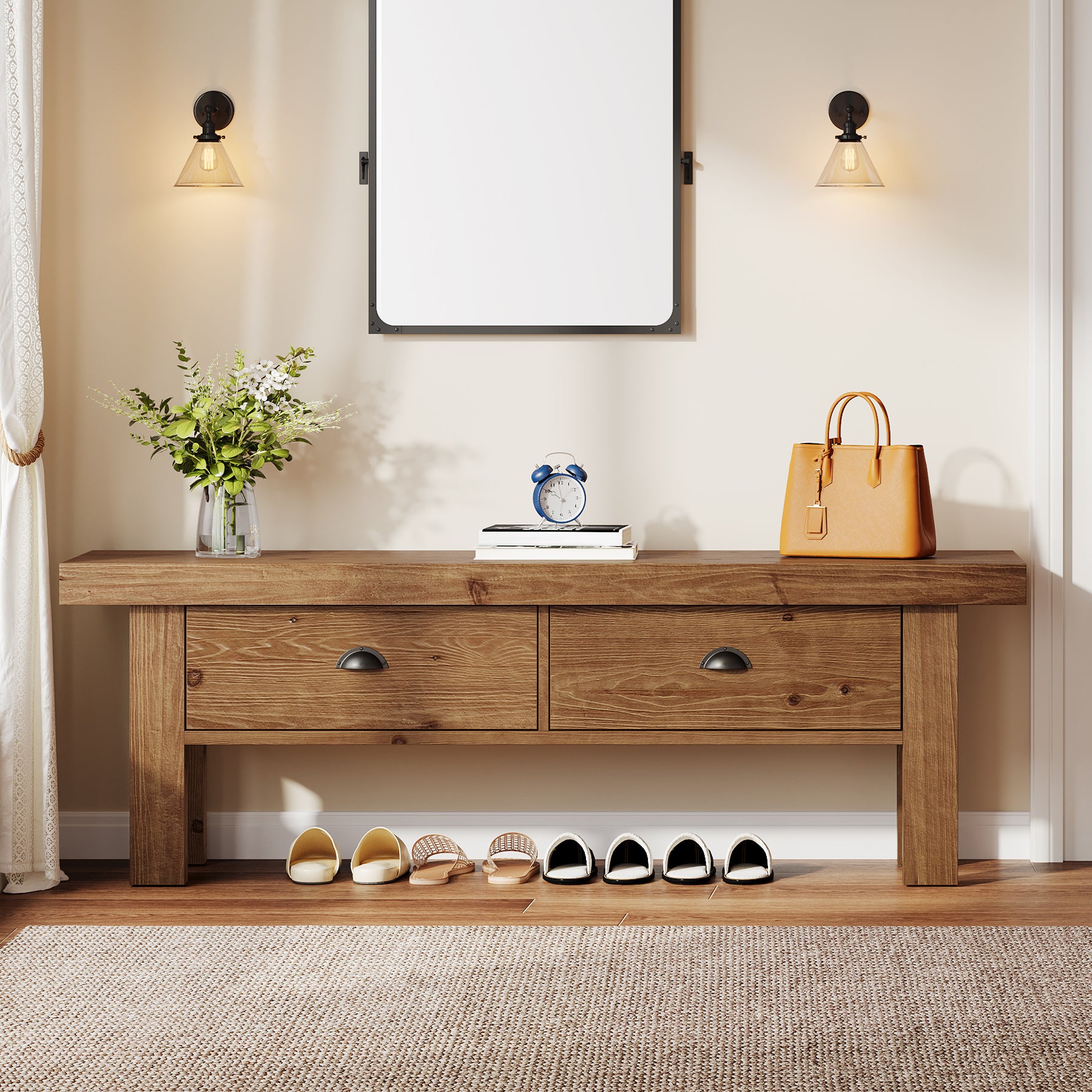 Tribesigns 55 Inch Solid Wood Storage Bench with 2 Drawers, Farmhouse Entryway Seat for Hallway