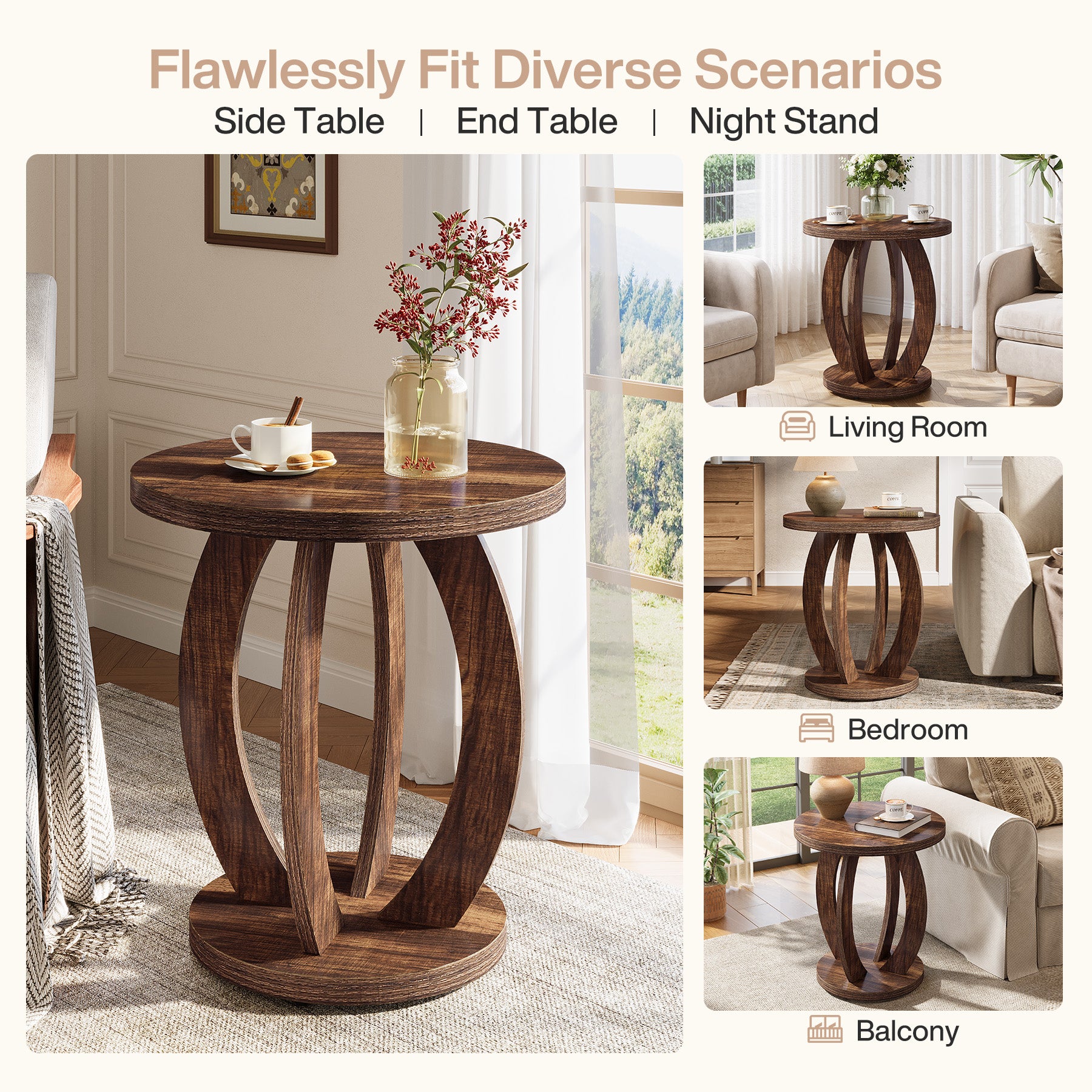 24" Round Farmhouse Nightstand - Bedside Table with Storage, Wood Base, Brown