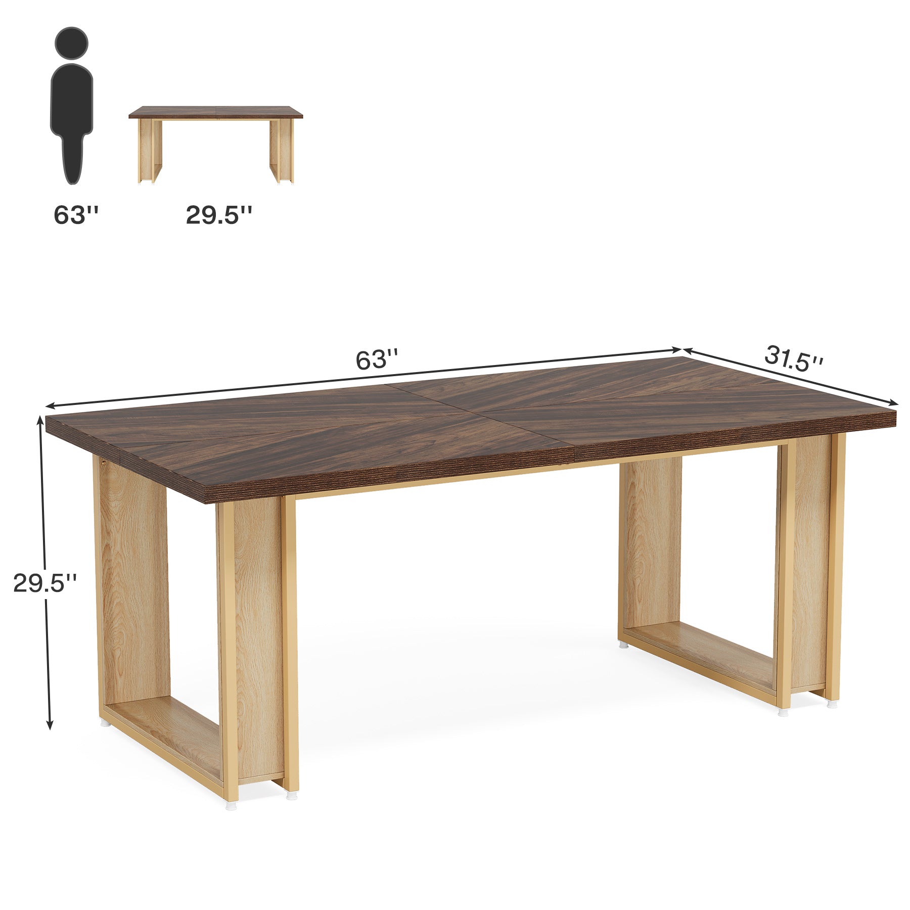 63" Dining Table, Wood Kitchen Table with Metal Frame for 4 People