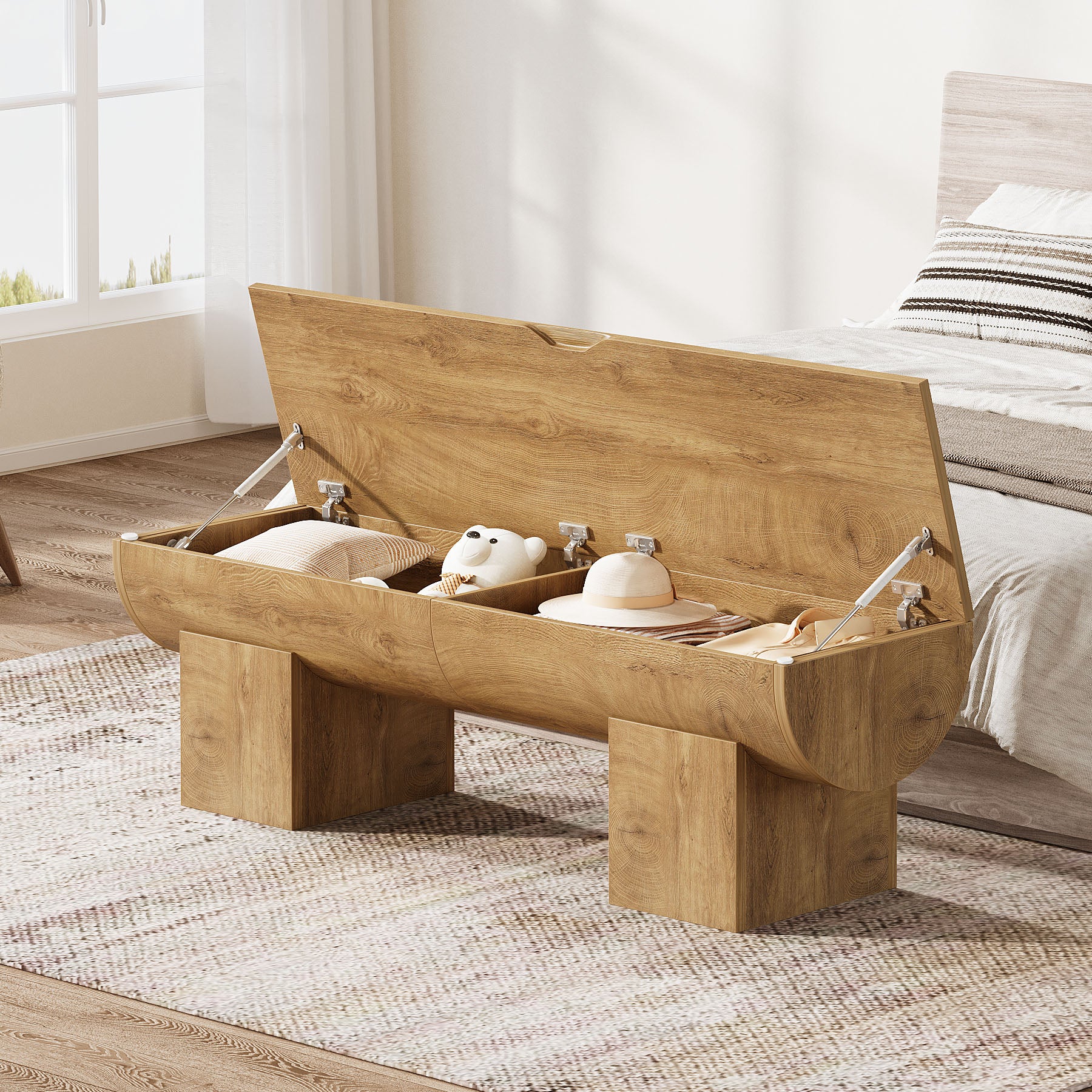 55.1-Inch Farmhouse Storage Bench with Flip-Top Storage and 2 Safety Hinges