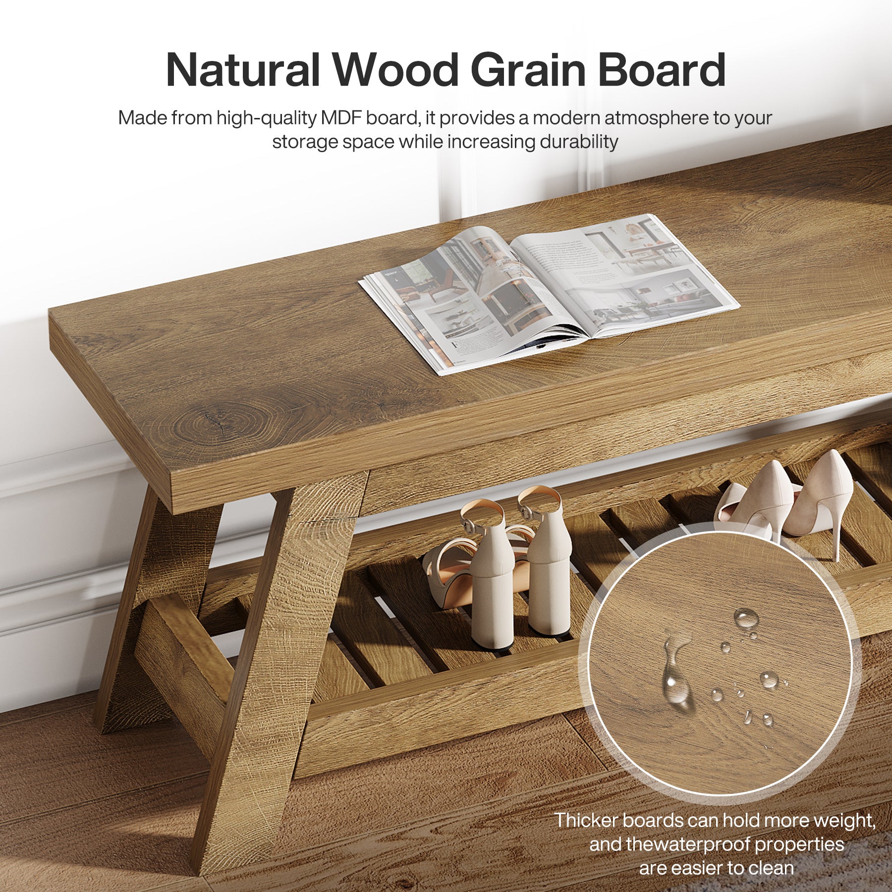 55-Inch Wood Entryway Bench with Shoe Storage, Two-Tier Narrow Hallway Seating Bench for Foyer and Bedroom