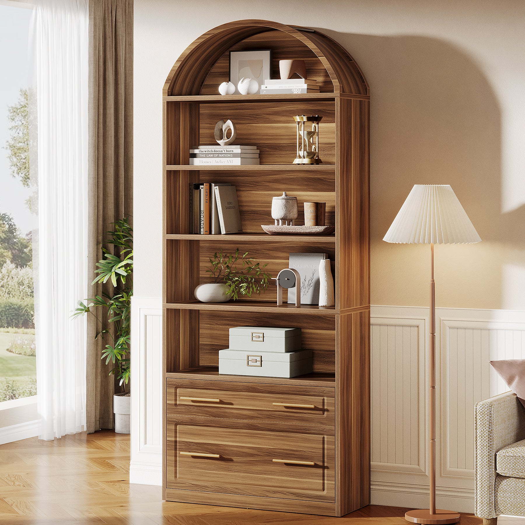 76.8-Inch Arched Bookcase with File Cabinet Drawer, 5-Tier Storage for Home Office