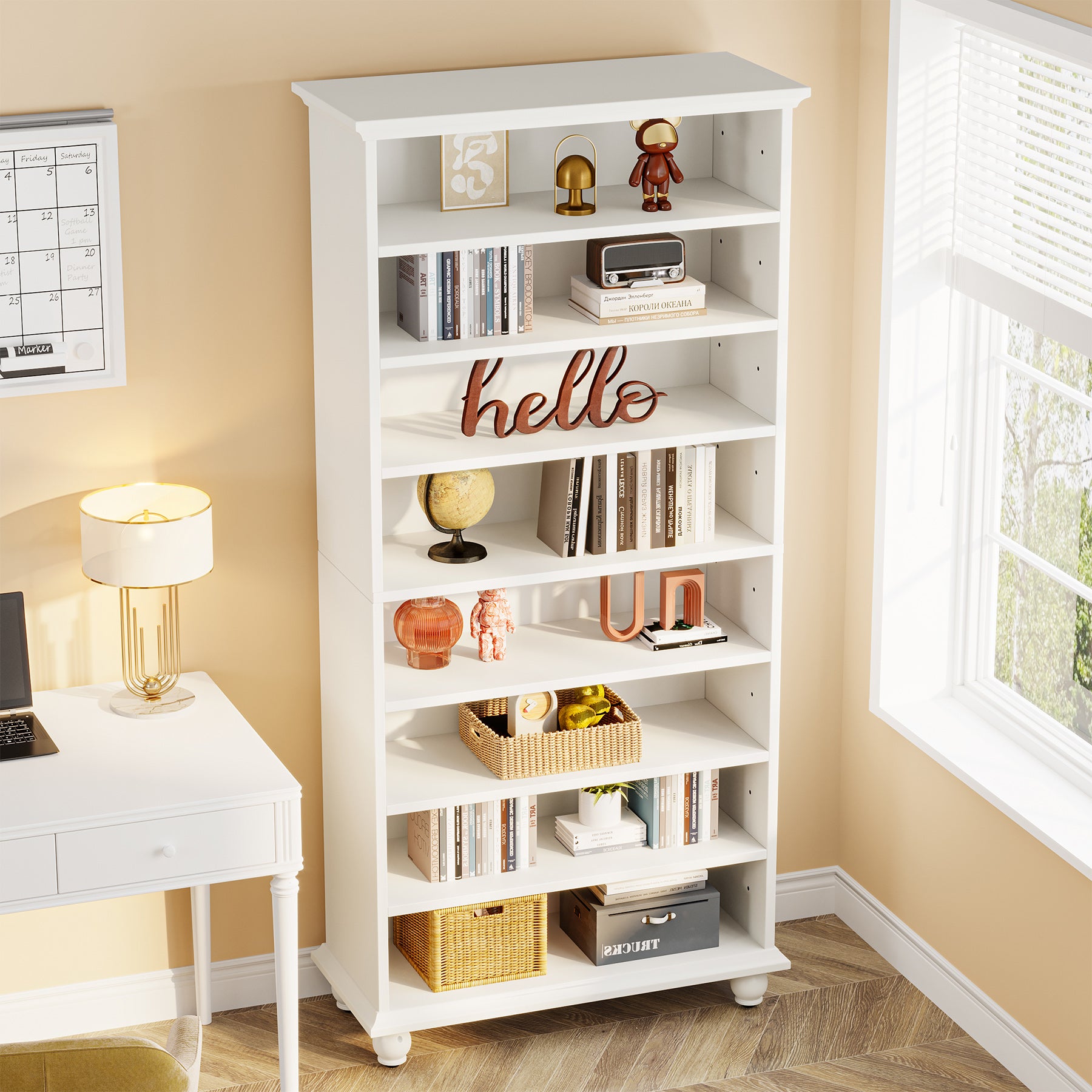 Tribesigns 69-Inch White Bookcase with LED Lighting and Solid Wood Legs, 9-Tier Open Bookshelf for Living Room and Home Office