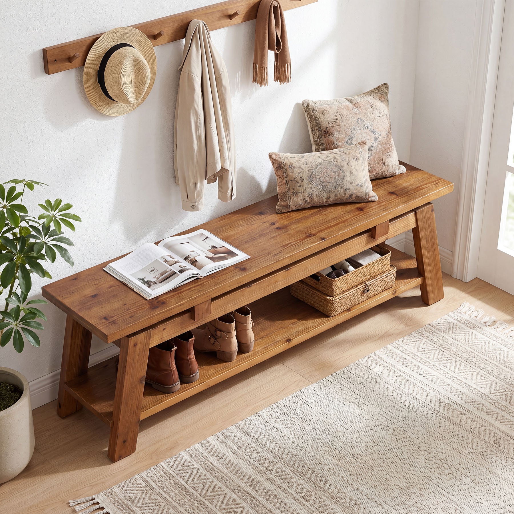 55-Inch Solid Wood Shoe Storage Bench with Lower Shelf, Farmhouse Entryway Seating for Hallway