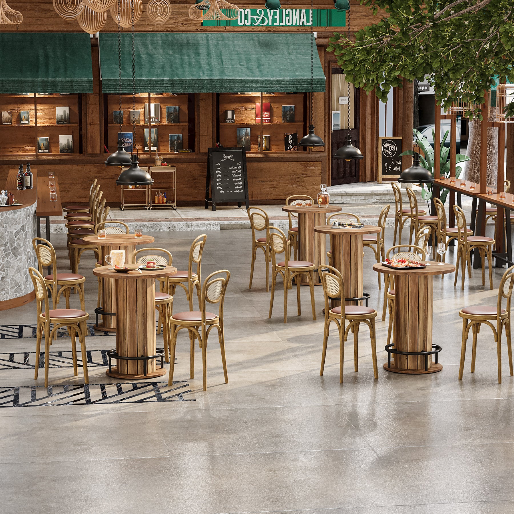 39.4" Round Wood Bar Table, Metal Ring Footrest for Dining & Living