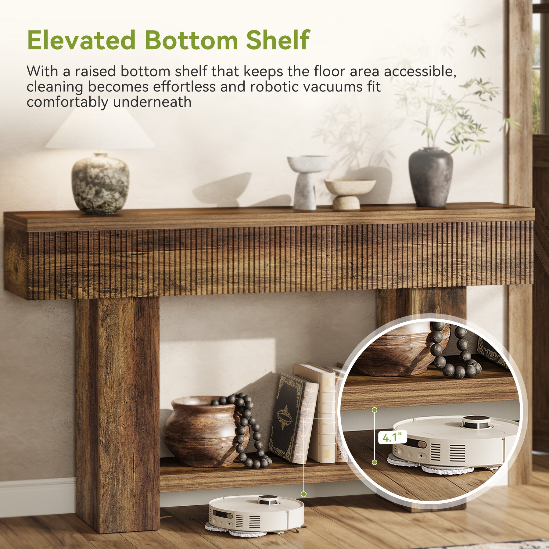 55-Inch Farmhouse Console Table with 2-Tier Storage and U-Shaped Base, Narrow Entryway Sofa Table for Hallway