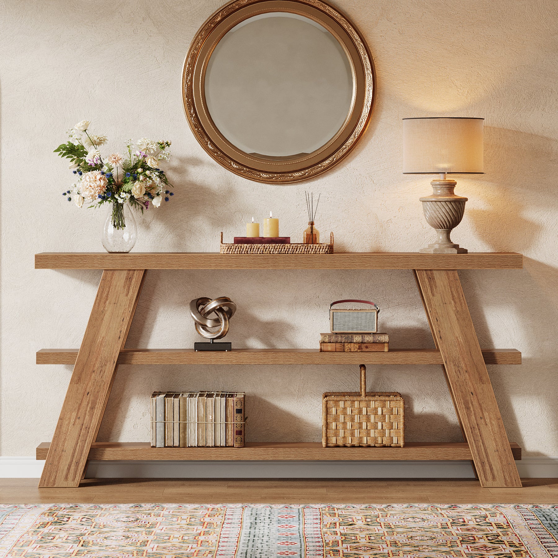 70.9" Farmhouse Console Table, 3-Tier Narrow Sofa Table with Storage