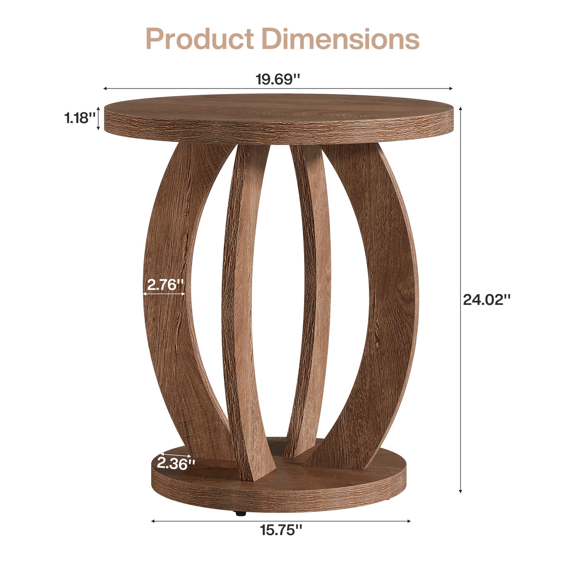 24" Round Farmhouse Nightstand - Bedside Table with Storage, Wood Base, Brown
